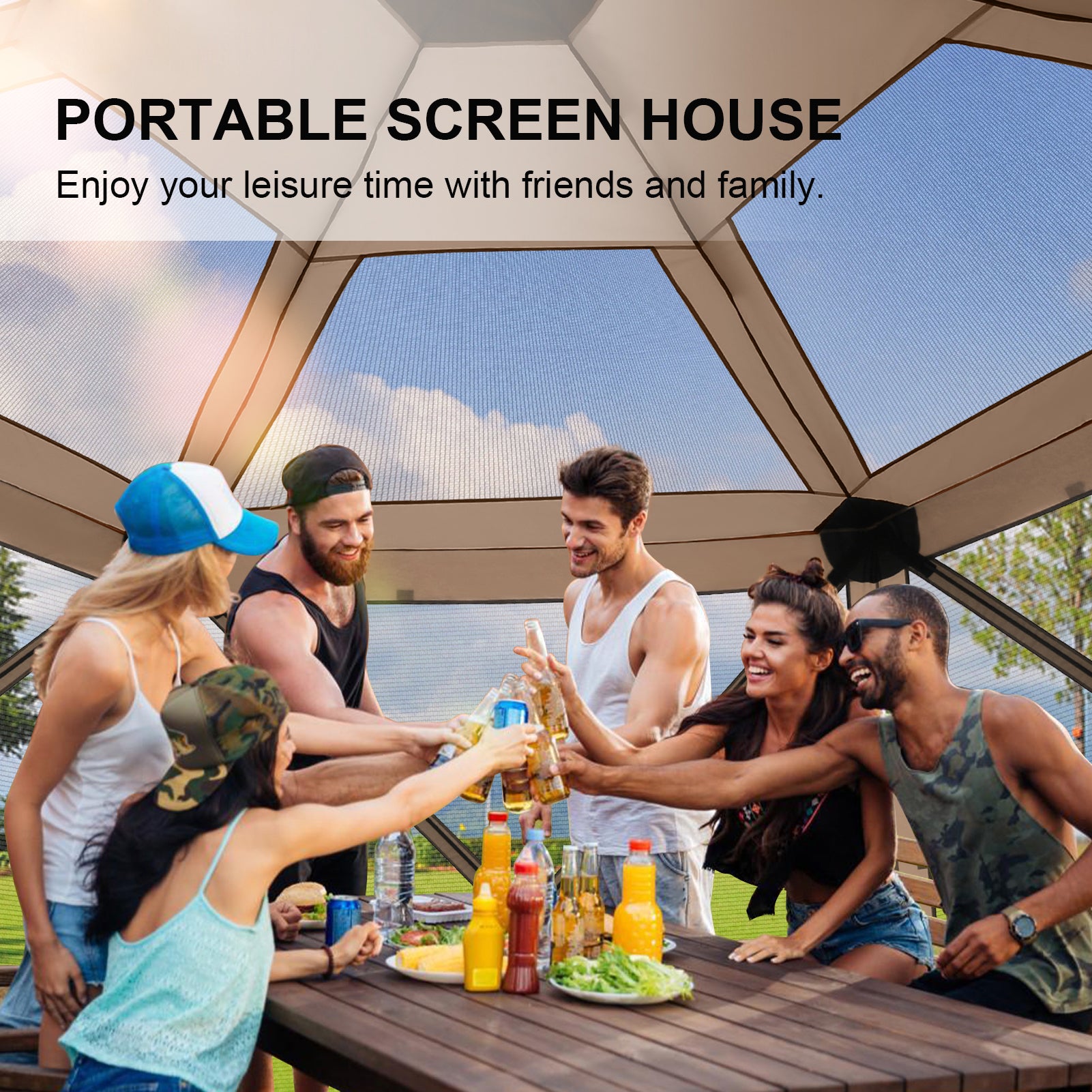 HOTEEL 12' x 12' Portable Pop-Up Outdoor Camping Gazebo, Screen Room with Mosquito Nettings, Waterproof, UV, Hub Tent Instant Screened Tent Canopy Shelter with Ground Stakes & Carry Bag, Beige