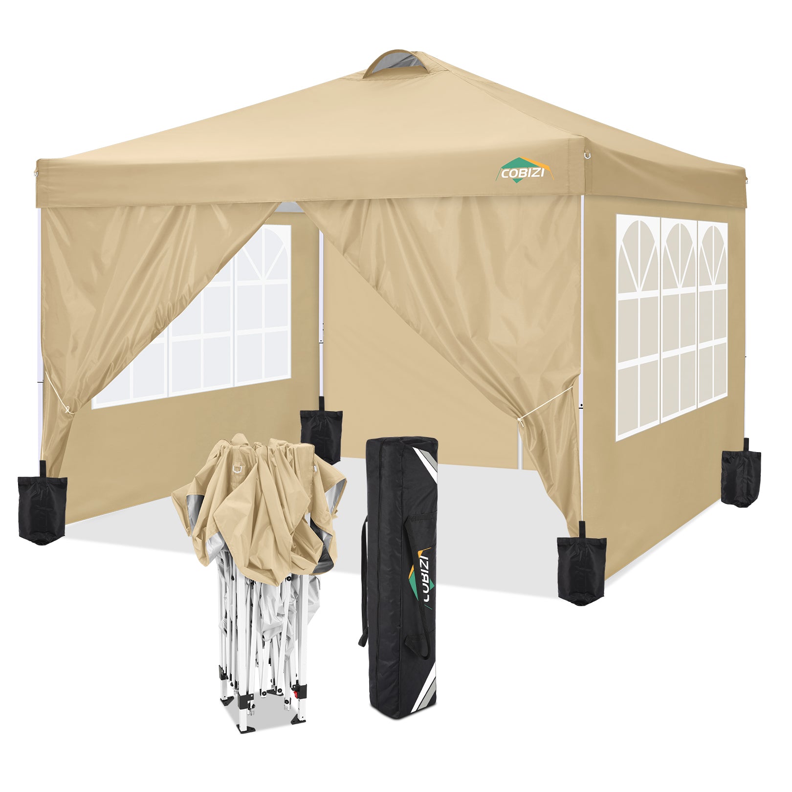 COBlZI 10'x10' Ez Pop Up Canopy Tent with 4 Sidewalls,Commercial Instant Gazebo Tents with 4 Sand Bags & 8 Stakes,Outdoor Patio Canopy for Parties,Backyard£¨Khaki)