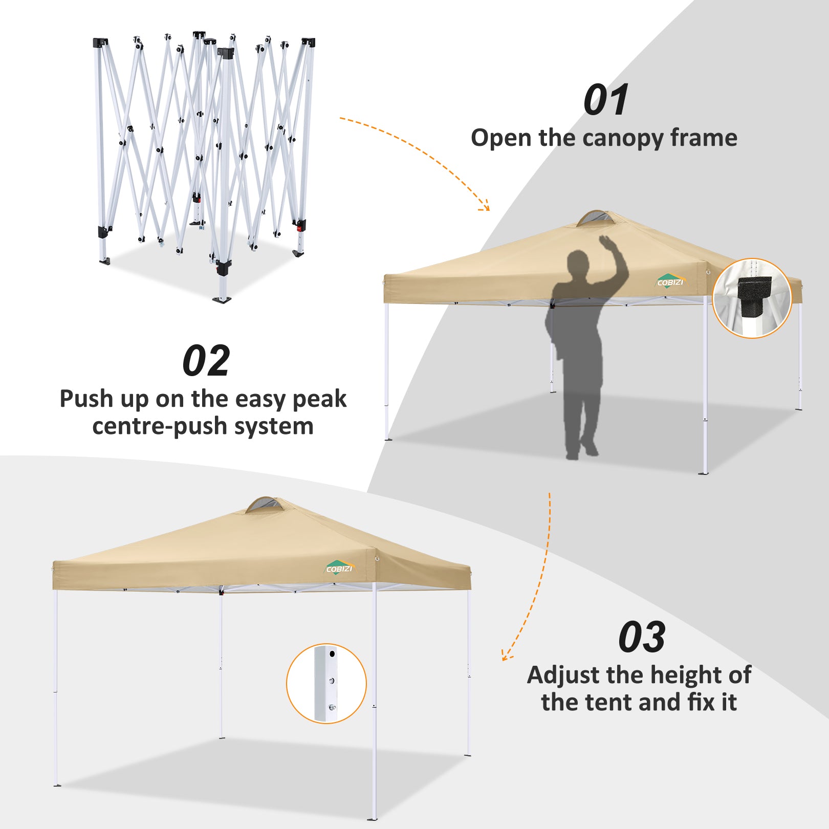 COBlZI 10'x10' Ez Pop Up Canopy Tent with 4 Sidewalls,Commercial Instant Gazebo Tents with 4 Sand Bags & 8 Stakes,Outdoor Patio Canopy for Parties,Backyard£¨Khaki)