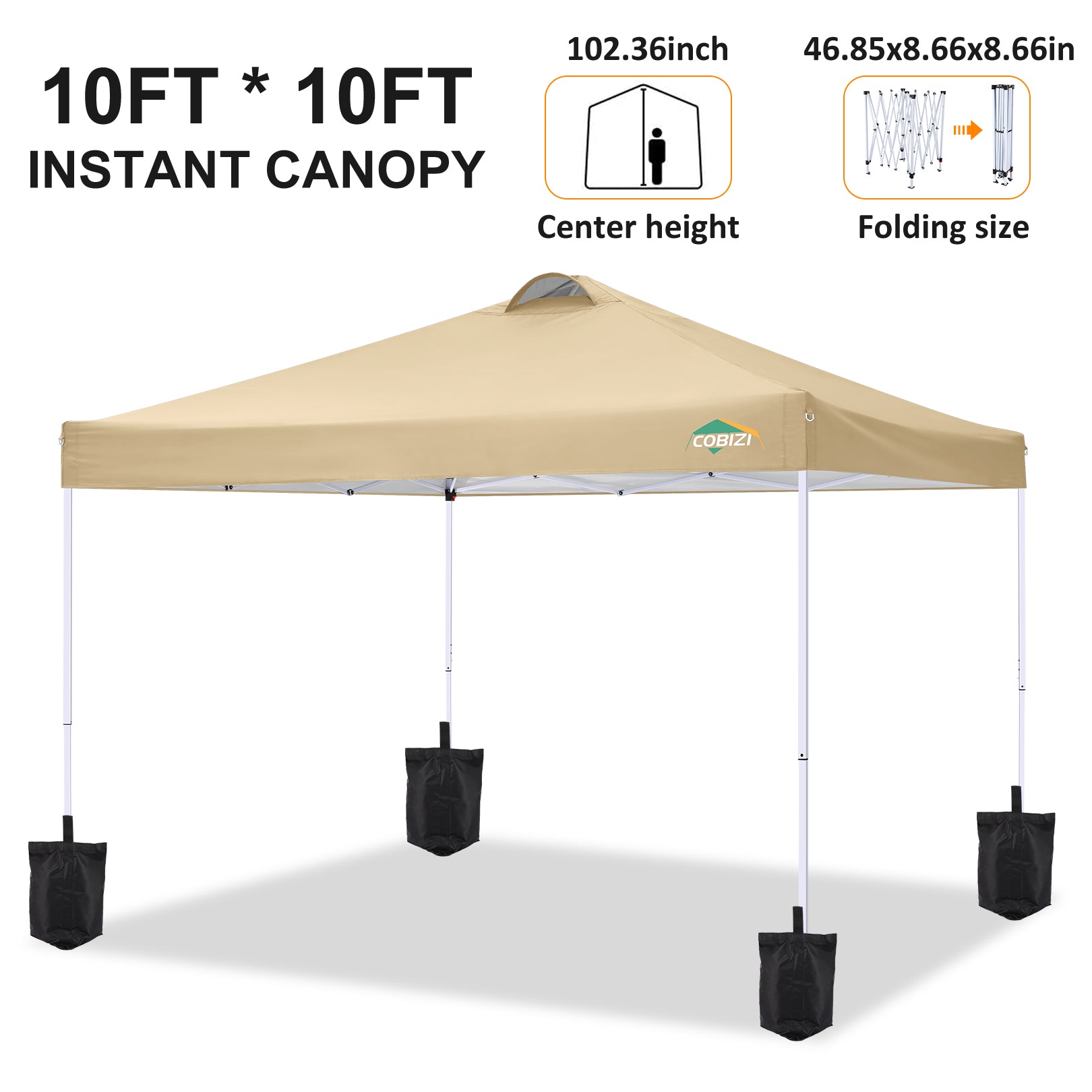 COBlZI 10'x10' Ez Pop Up Canopy Tent with 4 Sidewalls,Commercial Instant Gazebo Tents with 4 Sand Bags & 8 Stakes,Outdoor Patio Canopy for Parties,Backyard£¨Khaki)