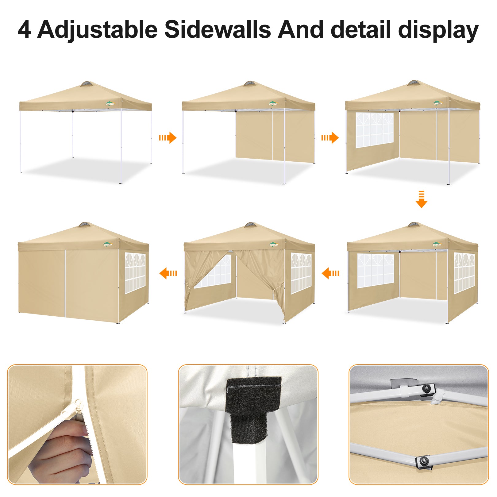 COBlZI 10'x10' Ez Pop Up Canopy Tent with 4 Sidewalls,Commercial Instant Gazebo Tents with 4 Sand Bags & 8 Stakes,Outdoor Patio Canopy for Parties,Backyard£¨Khaki)