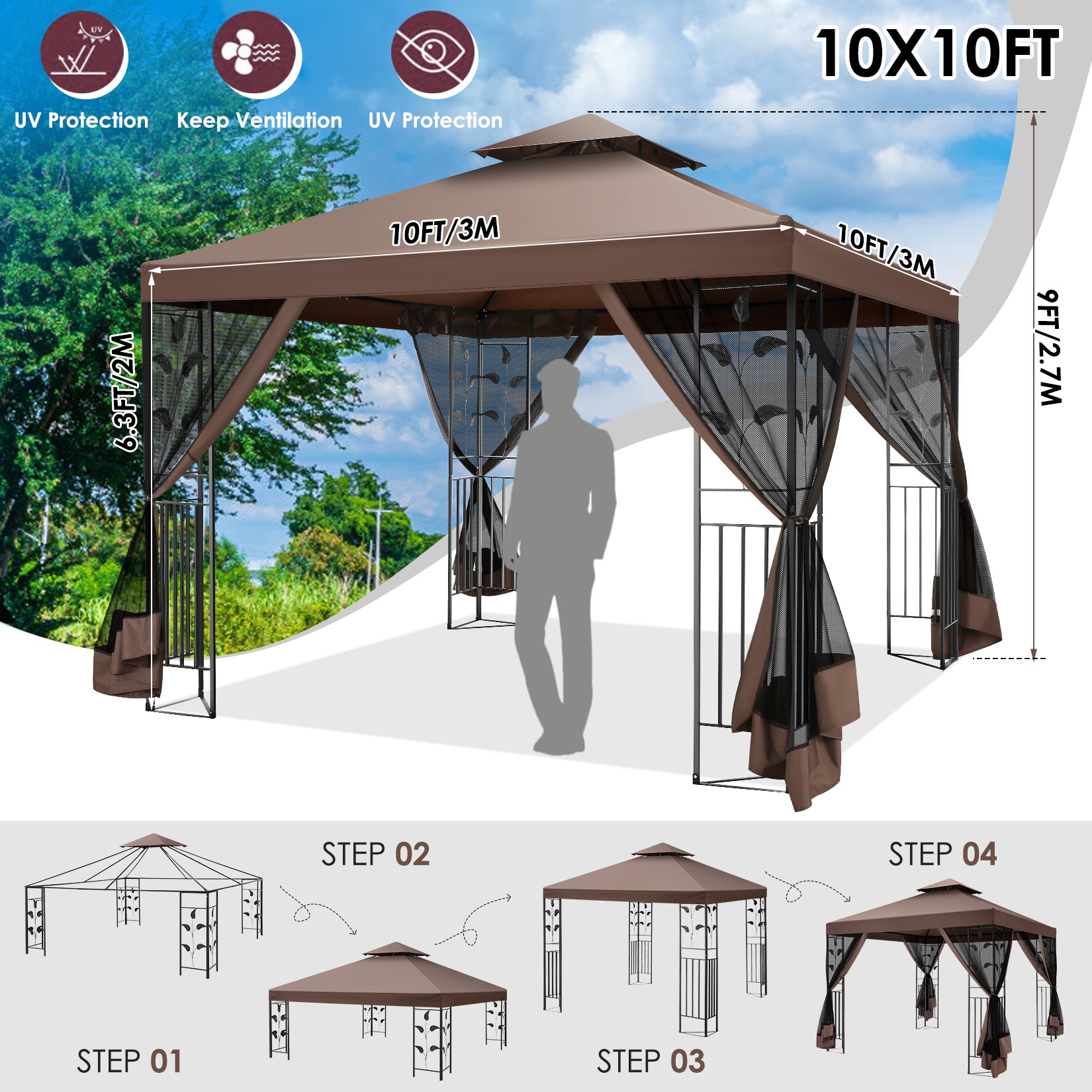 HOTEEL 10'x10' Outdoor Gazebo with Mosquito Nettings, Patio Gazebos Shelter Canopy with Mesh Privacy Curtains, Shade Tent for Party, Backyard, Deck, Patio Lawn & Garden, Gray