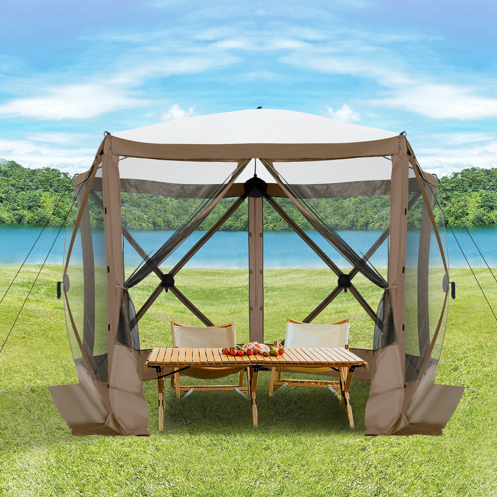 Hoteel 12x12ft Camping Gazebo Screen Tent, 6 Sided Pop-up Gazebo with Mesh Windows, Portable Carry Bag, Stakes, Waterproof, UV 50+, Large Shade Tents for Outdoor Camping, Backyard, Brown