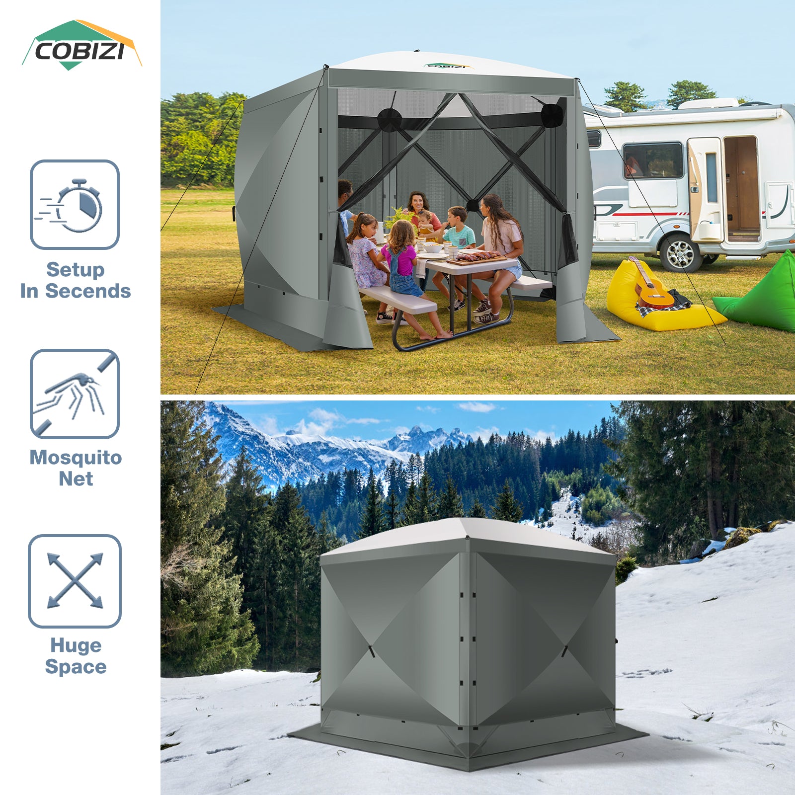 COBIZI 10'x10' Portable 5 Side Pop Up Canopy Screen House Tent, SPC000044M