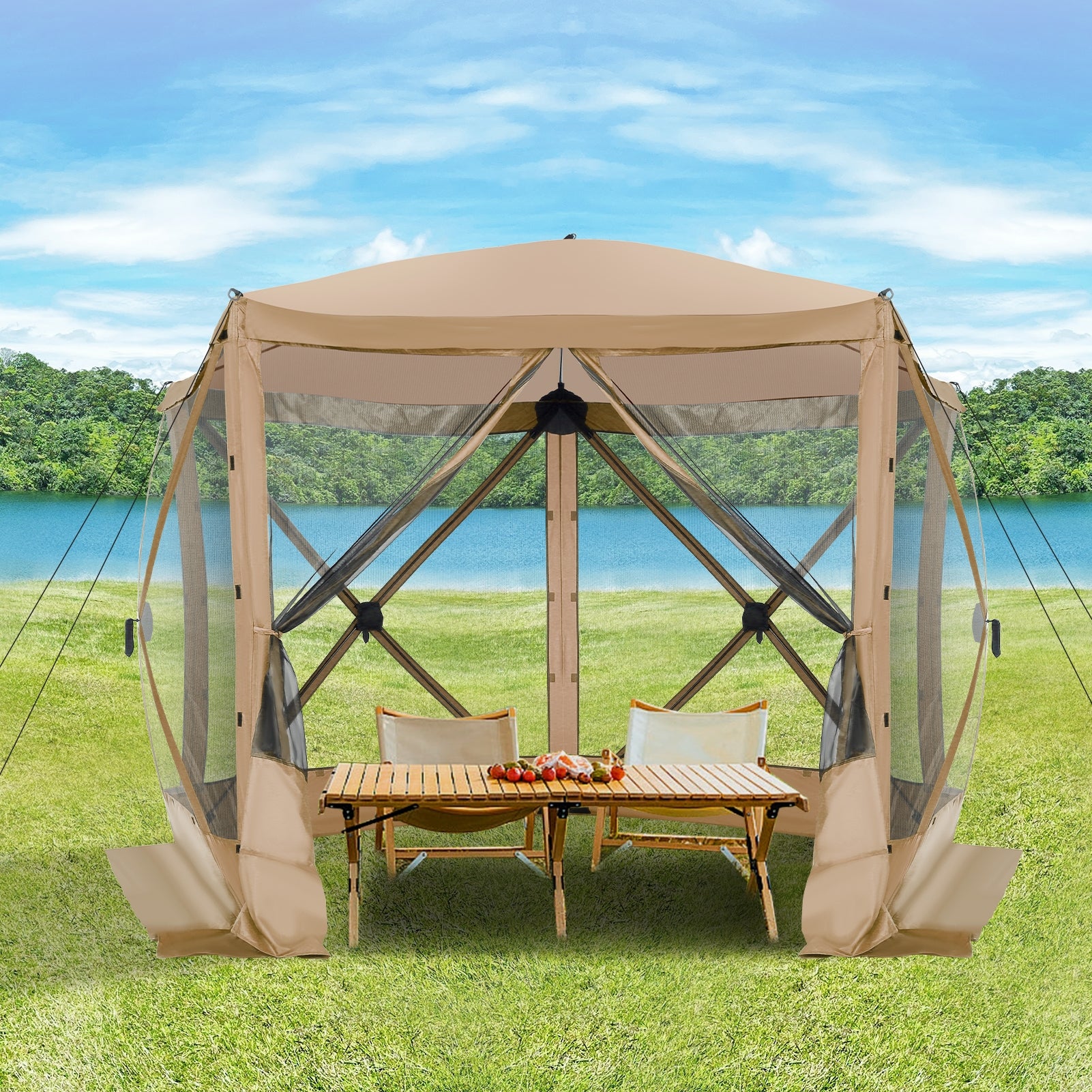 Hoteel 12x12ft Camping Gazebo Screen Tent, 6 Sided Pop-up Gazebo with Mesh Windows, Portable Carry Bag, Stakes, Waterproof, UV 50+, Large Shade Tents for Outdoor Camping, Backyard, Brown