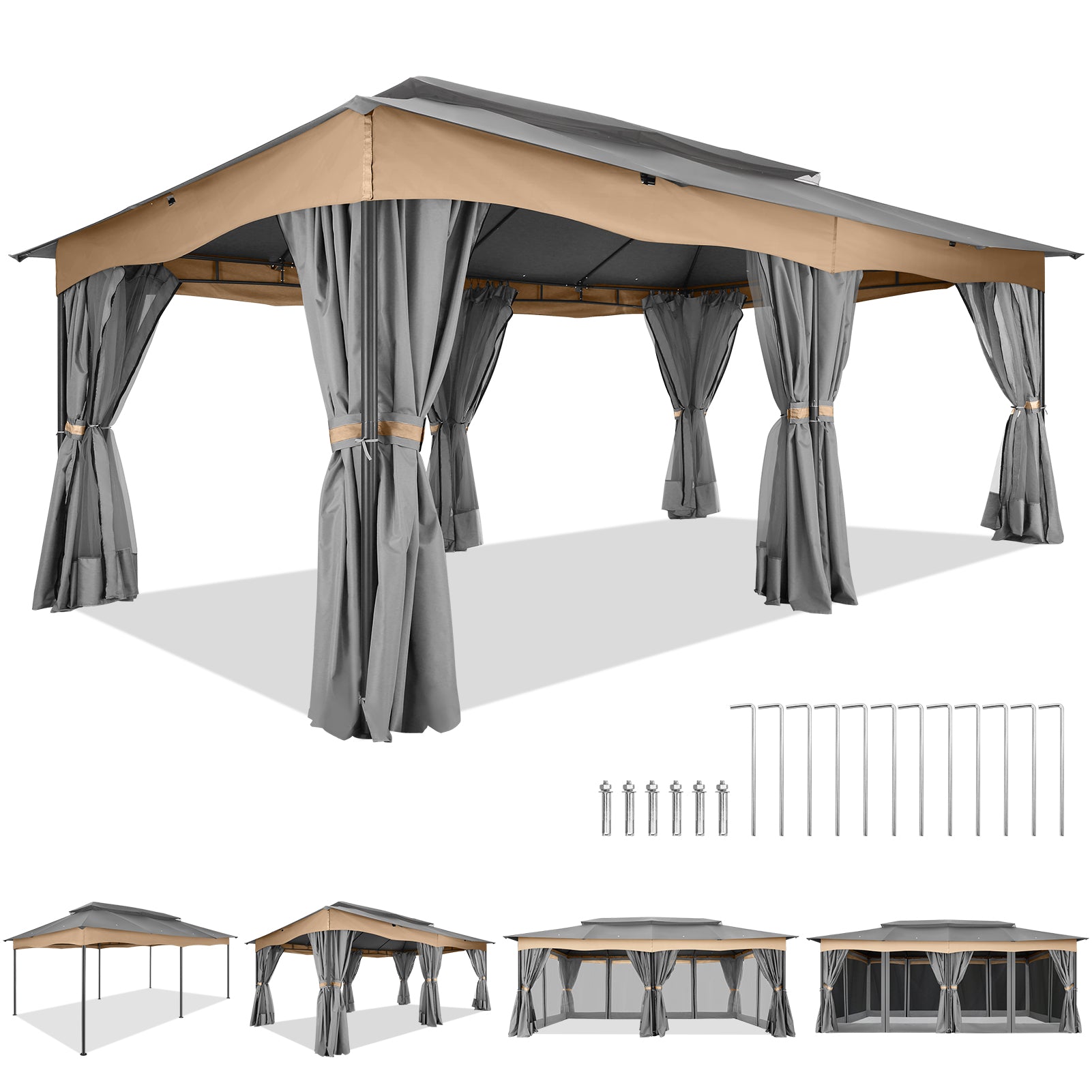 COBIZI Outdoor Gazebo 12x20 Patio Gazebo with Netting and Curtains Waterproof Gazebo with Double Roof Large Backyard Gazebo with Metal Steel Frame for Deck, Backyard, Lawn, Party, Garden, Khaki
