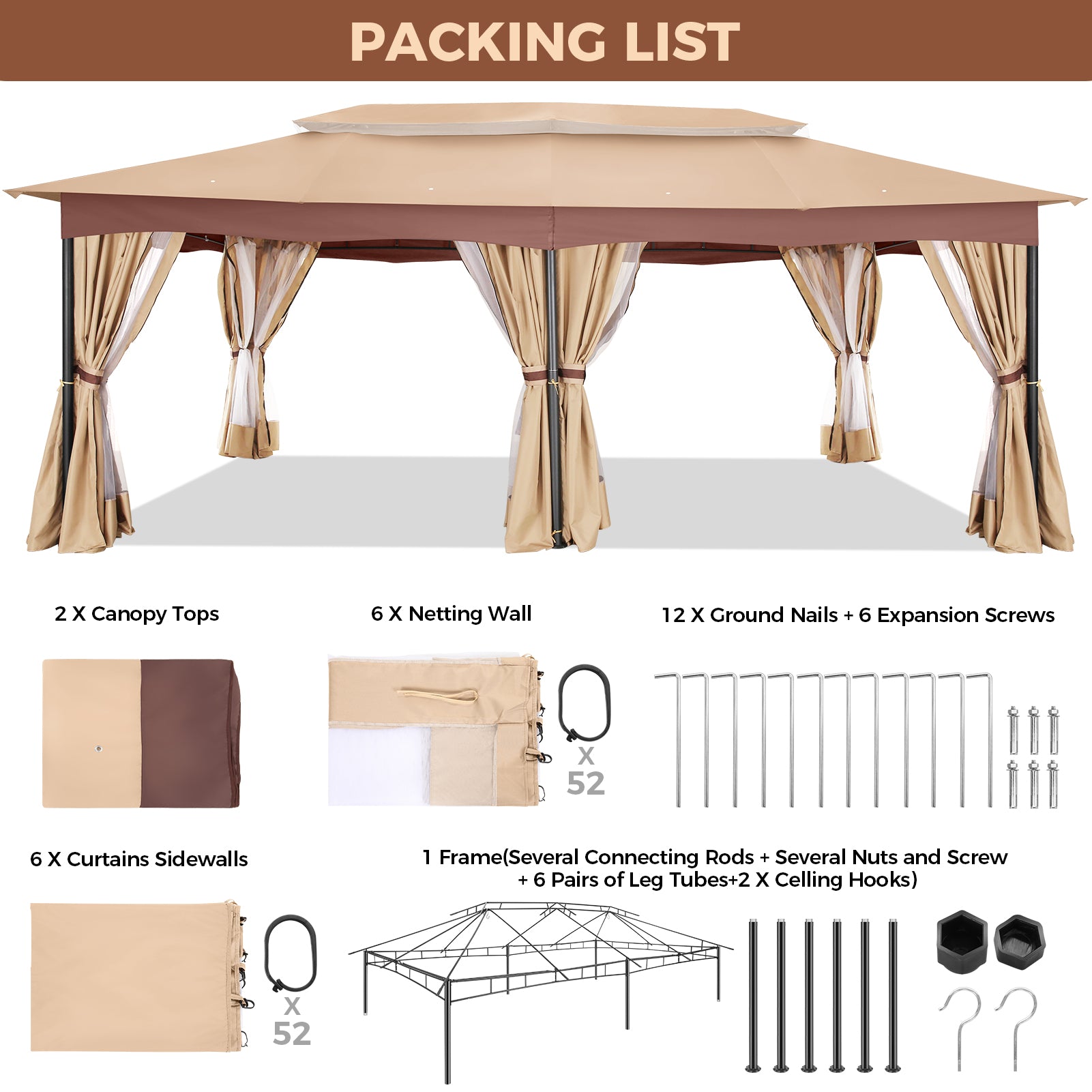 COBIZI Outdoor Gazebo 12x20 Patio Gazebo with Netting and Curtains Waterproof Gazebo with Double Roof Large Backyard Gazebo with Metal Steel Frame for Deck, Backyard, Lawn, Party, Garden, Khaki