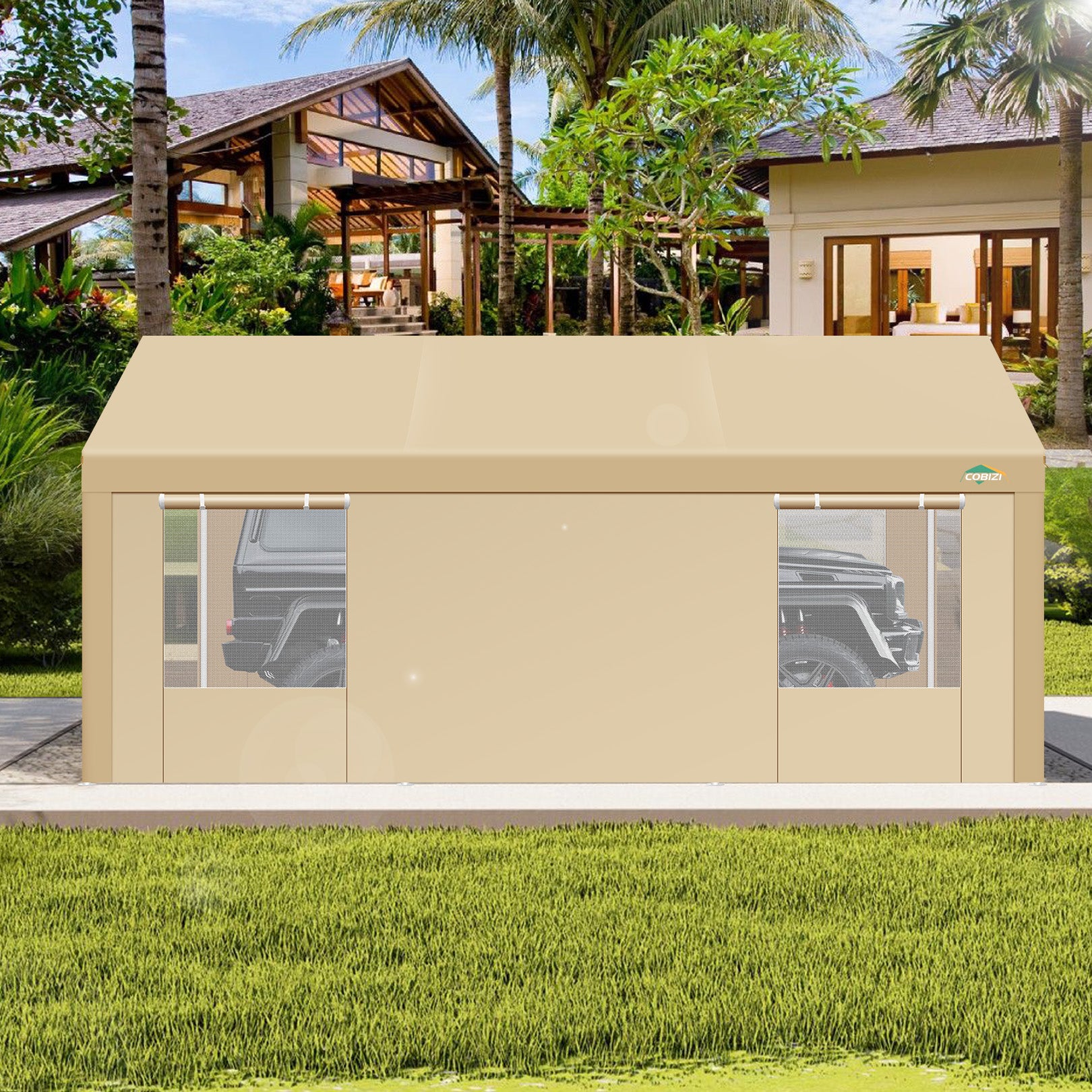 Cobizi Carport 10'x20' Heavy Duty Car Canopy with Roll-up Windows Portable Garage with Removable Sidewalls & Door, Outdoor Canopy Carport Portable Car Tent Garage Car Canopy with Steel Frame SPC000104