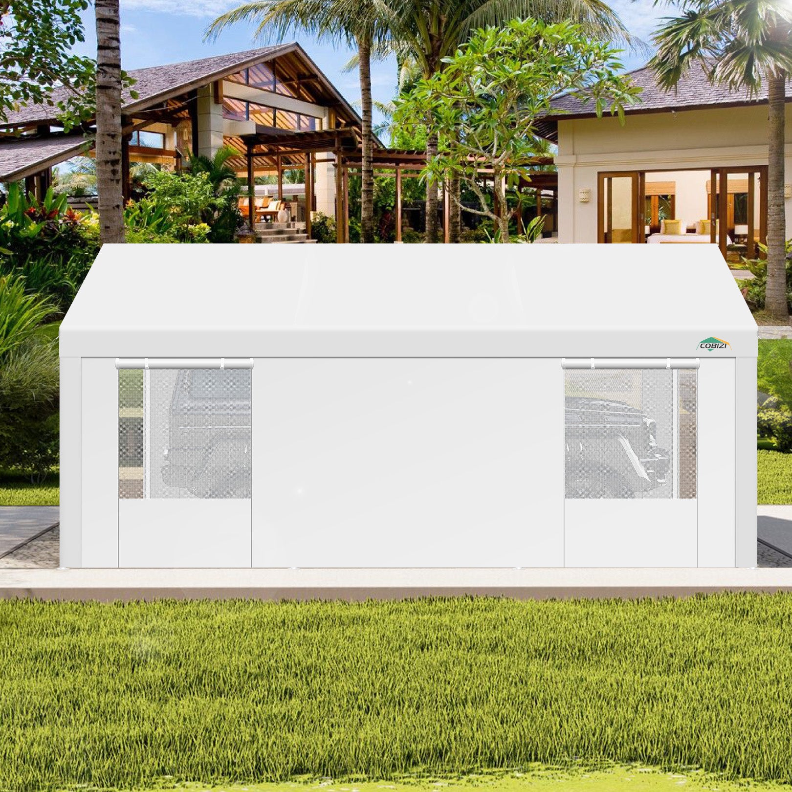 Cobizi Carport 10'x20' Heavy Duty Car Canopy with Roll-up Windows Portable Garage with Removable Sidewalls & Door, Outdoor Canopy Carport Portable Car Tent Garage Car Canopy with Steel Frame SPC000104