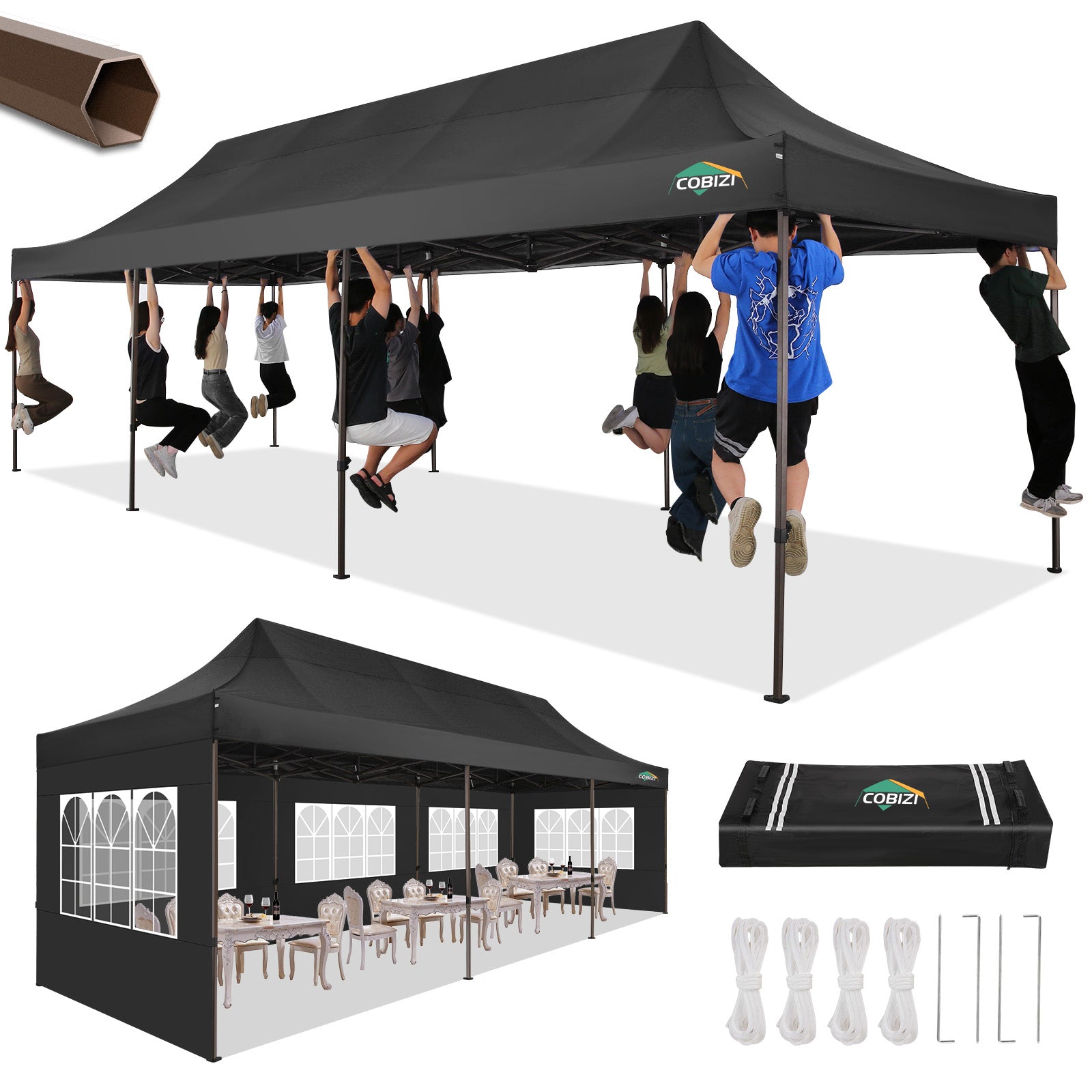COBIZI Heavy Duty 10'x30' Commercial Tent, Pop up Canopy for Parties, Wedding,Waterproof Gazebos with 8 Sidewalls,Black