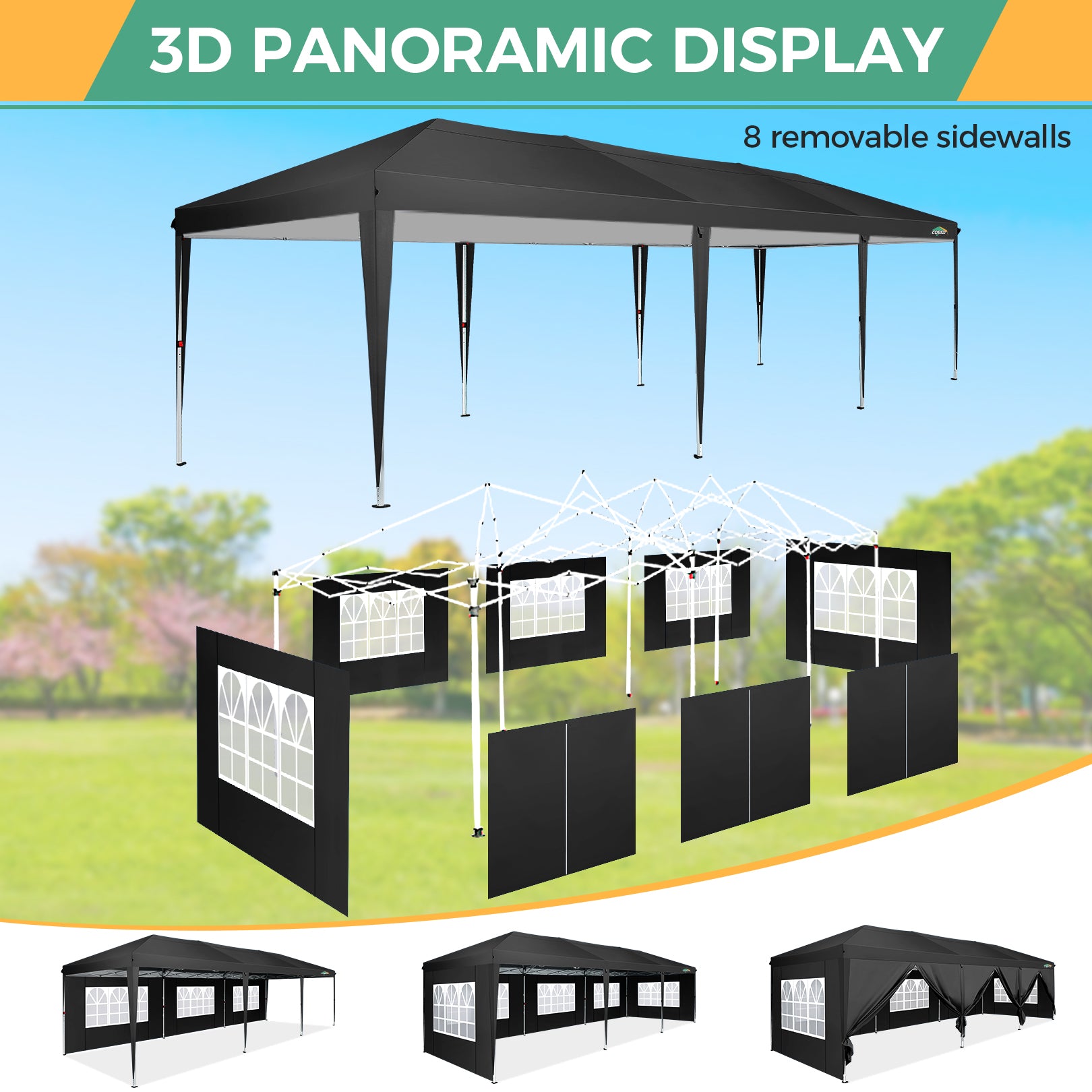 COBIZI 10'x30' Pop up Canopy with 6 Sidewalls & Carry Bag, Black SPC204
