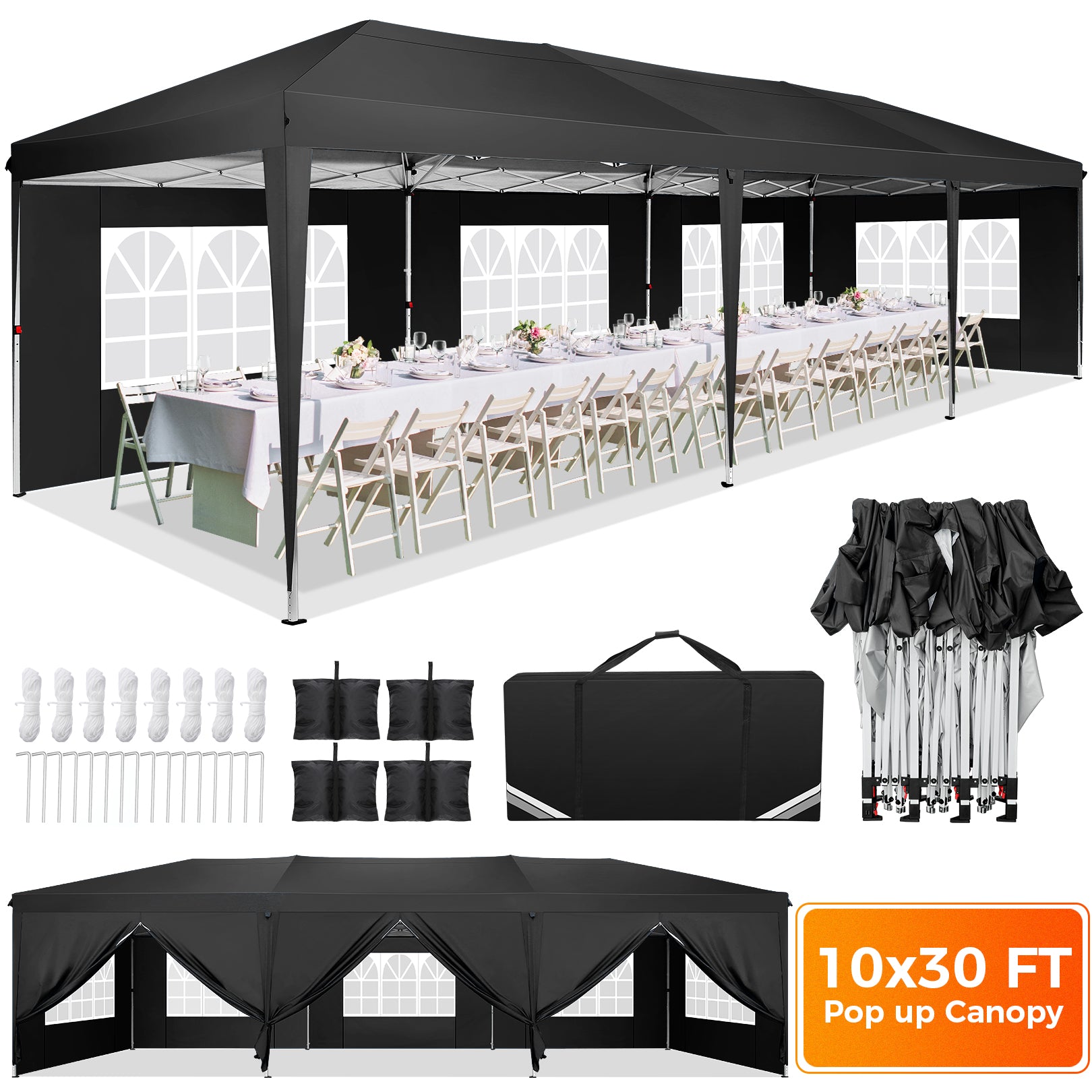 COBIZI 10x30 Pop Up Canopy Tent with 5 Sidewalls, One-Push Center Lock, UPF 50+ Waterproof Outdoor Gazebo, Easy Up Party Tent with Roller Bag, Air Vent & Sandbags, Black