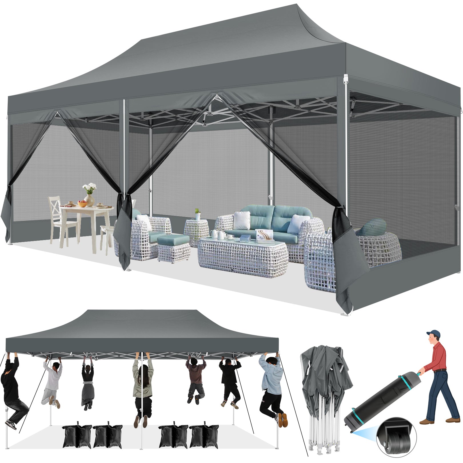 COBIZI 10'x20' Heavy Duty Canopy Gazebo, Ez up with 6 Netting Sidewalls SPC000097