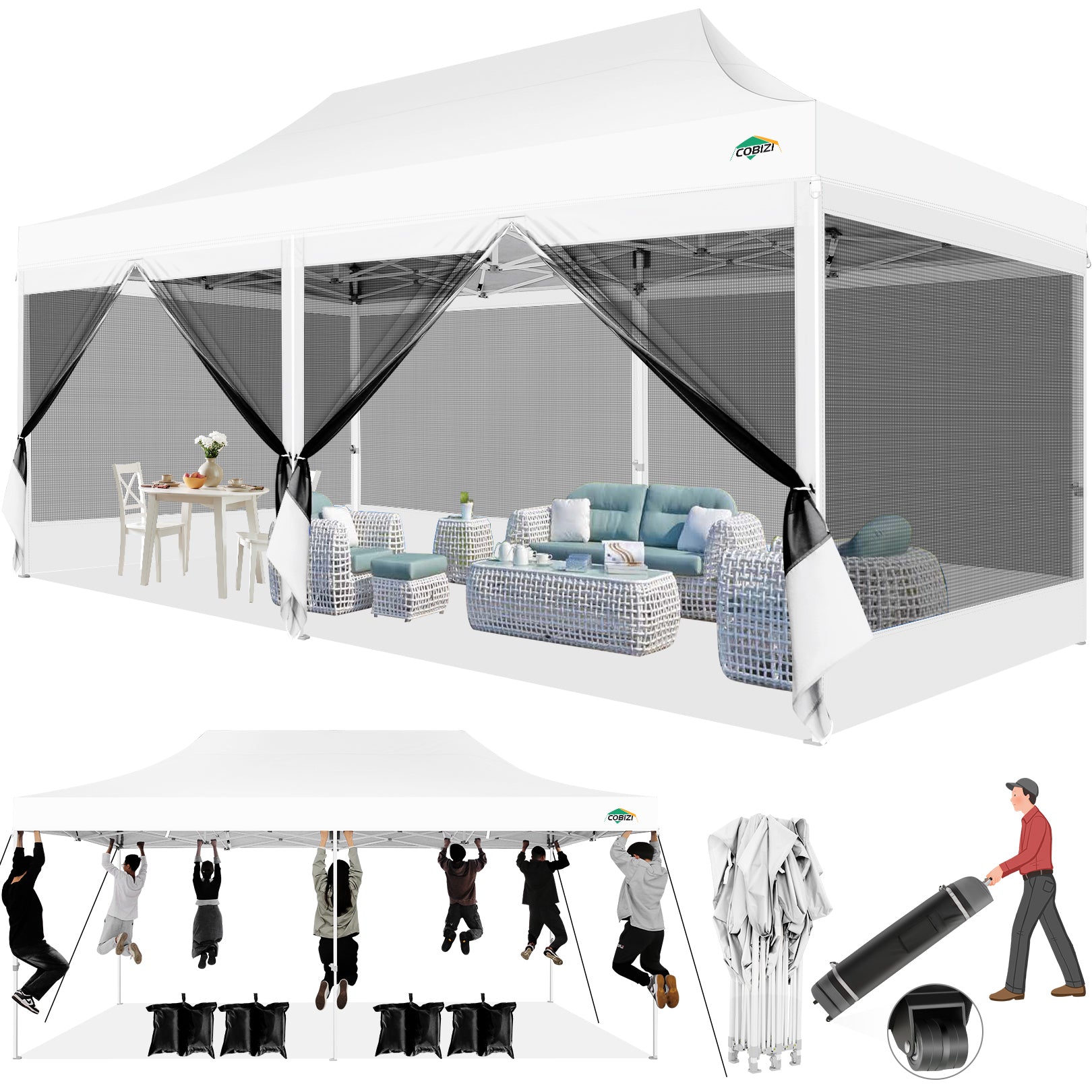 COBIZI 10'x20' Heavy Duty Canopy Gazebo, Ez up with 6 Netting Sidewalls SPC000097