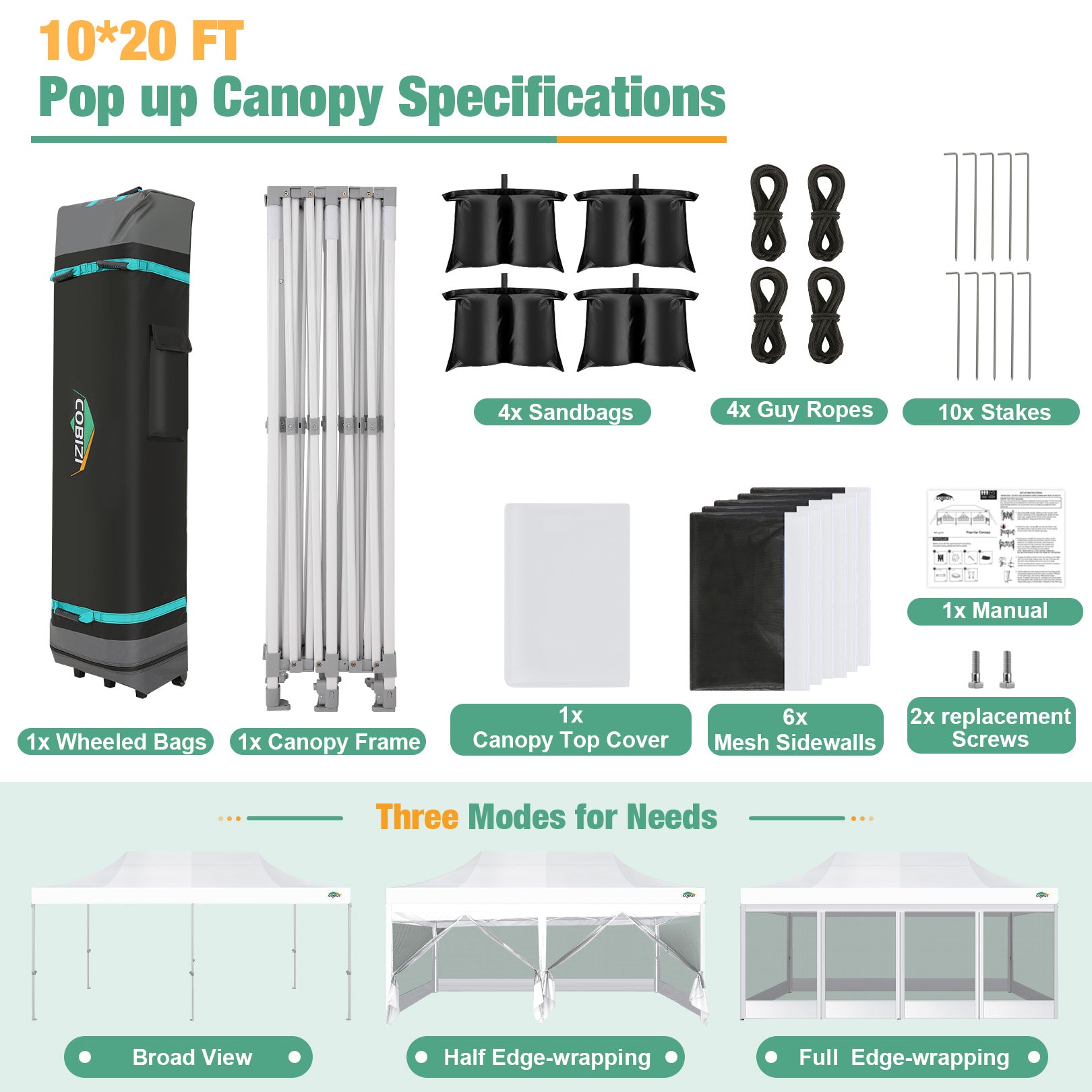 COBIZI 10'x20' Heavy Duty Canopy Gazebo, Ez up with 6 Netting Sidewalls SPC97