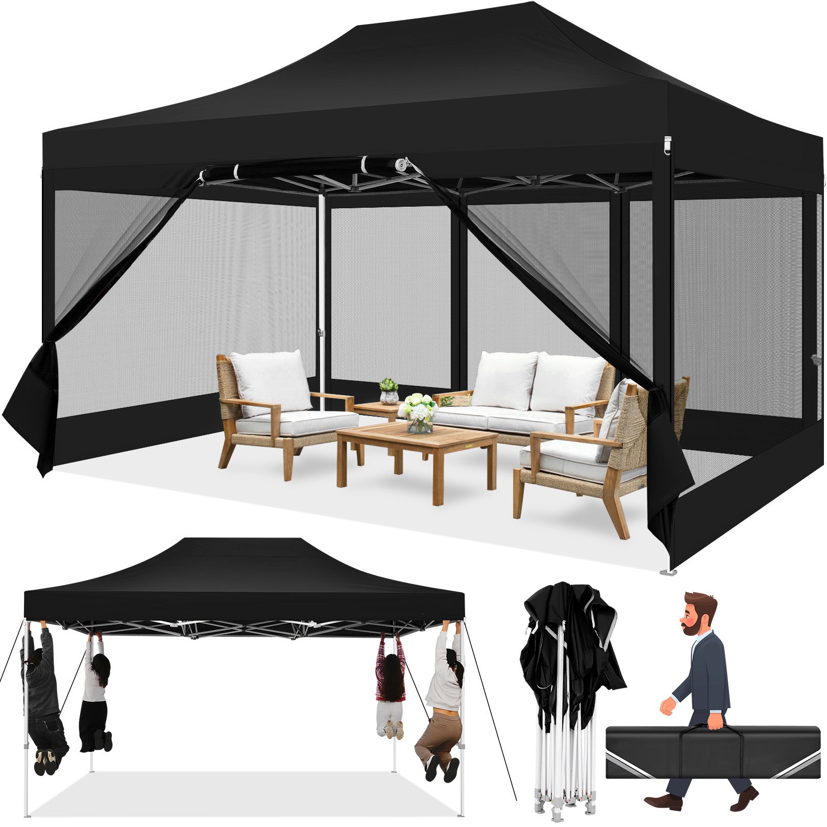 COBIZI 10'x15' Heavy Duty Canopy Tent, Pop up Gazebo with Netting Screened ,Waterproof Ez up Canopy with Sidewalls, Outdoor Instant Party Tent for Backyard,Gray