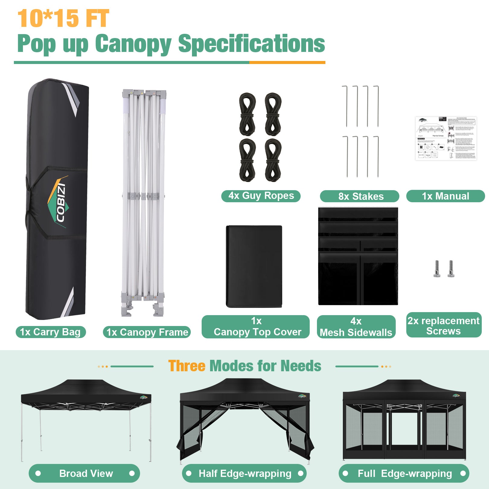 COBIZI 10'x15' Heavy Duty Pop Up Canopy Gazebo with Netting Screened, Gray SPC112