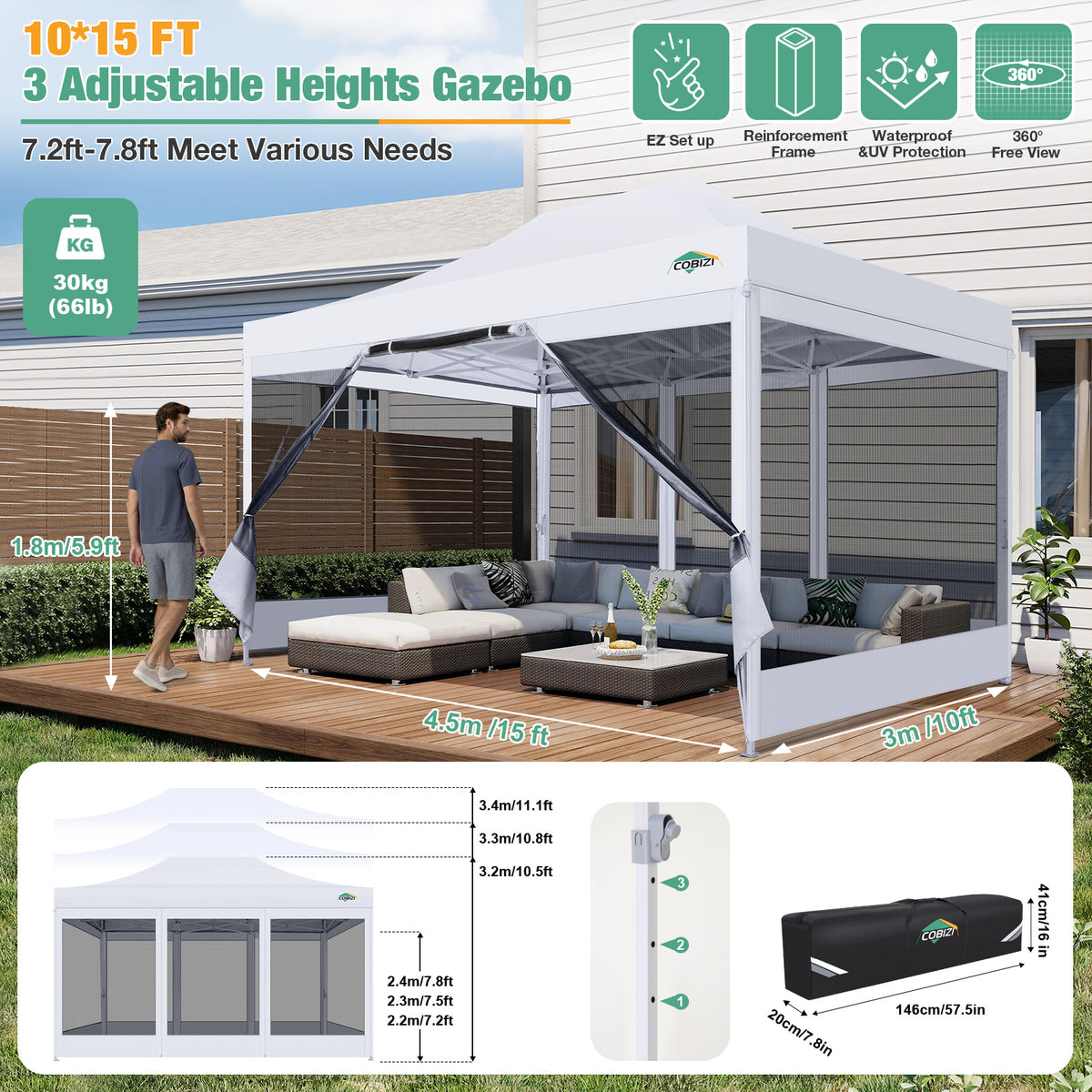 COBIZI 10'x15' Heavy Duty Pop Up Canopy Gazebo with Netting Screened SPC112