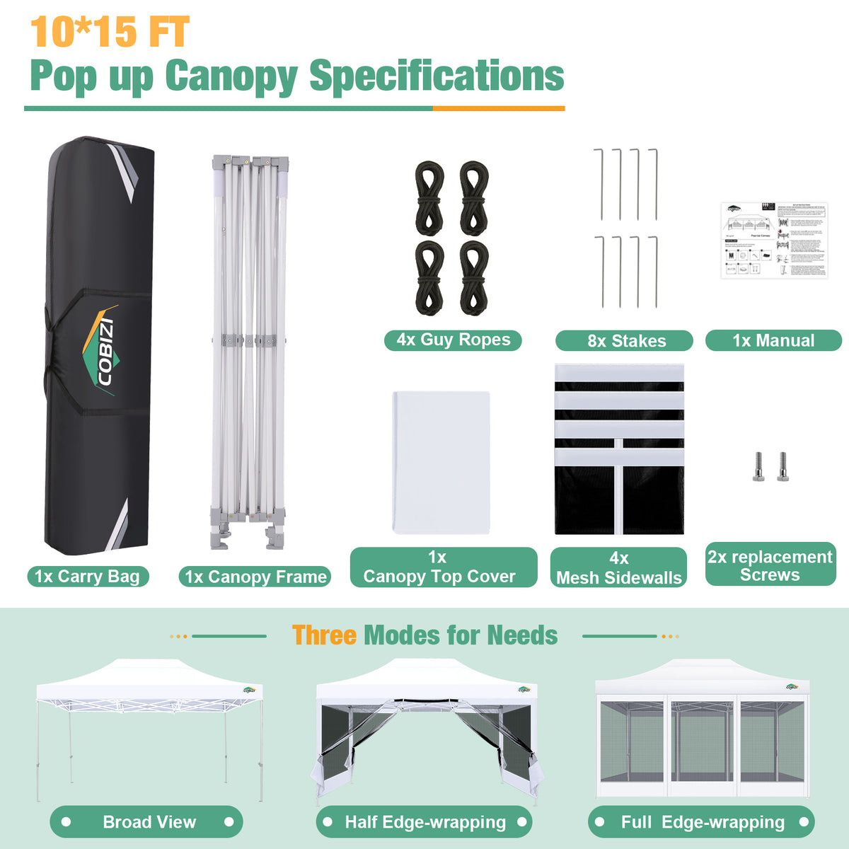 COBIZI 10'x15' Heavy Duty Pop Up Canopy Gazebo with Netting Screened SPC112