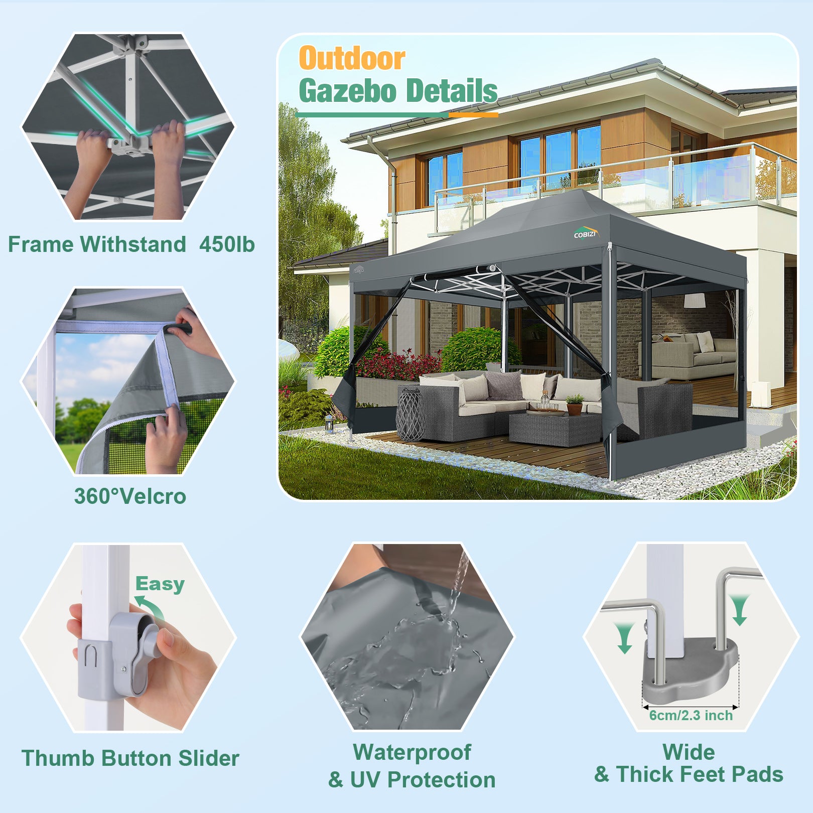 COBIZI 10'x15' Heavy Duty Pop Up Canopy Gazebo with Netting Screened, Gray SPC000112