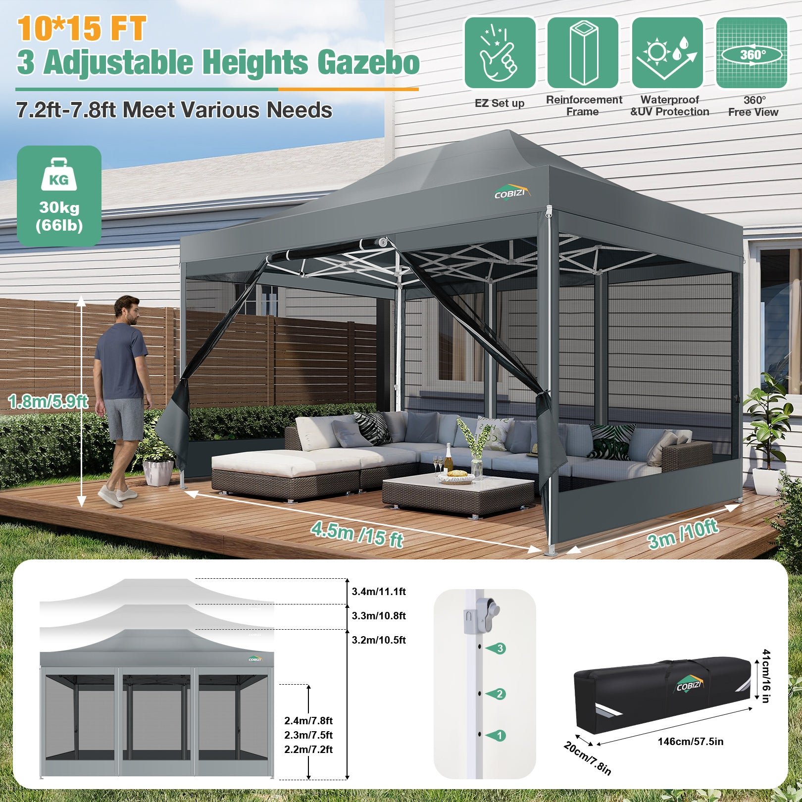 COBIZI 10'x15' Heavy Duty Pop Up Canopy Gazebo with Netting Screened, Gray SPC000112
