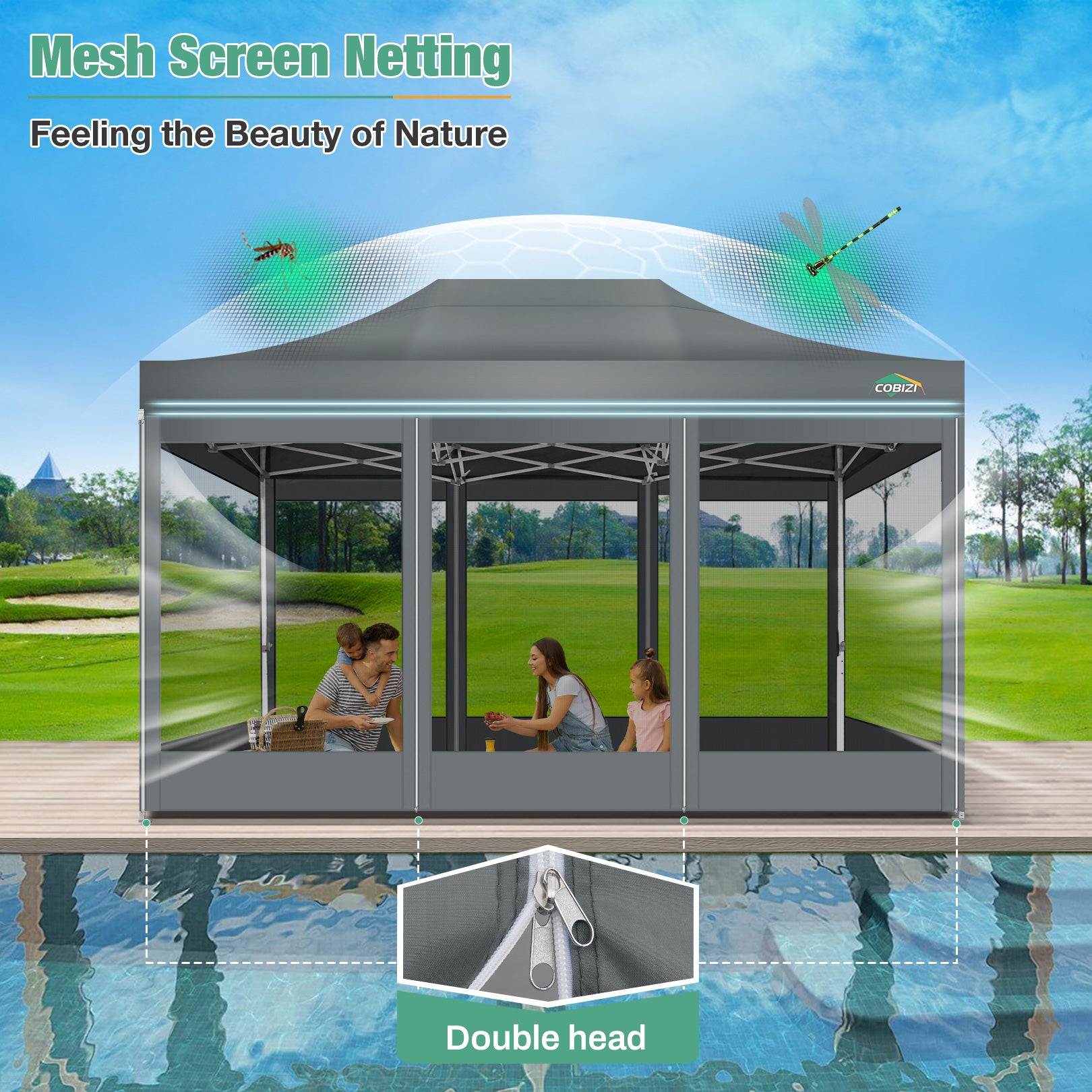 COBIZI 10'x15' Heavy Duty Pop Up Canopy Gazebo with Netting Screened, Gray SPC000112
