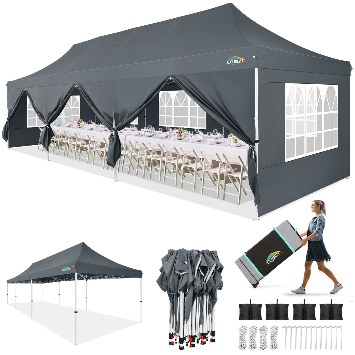 Cobizi 10'x10'/10'x20/10'x30' Protable Waterproof Pop up Canopy with 6 Sidewalls SPC202