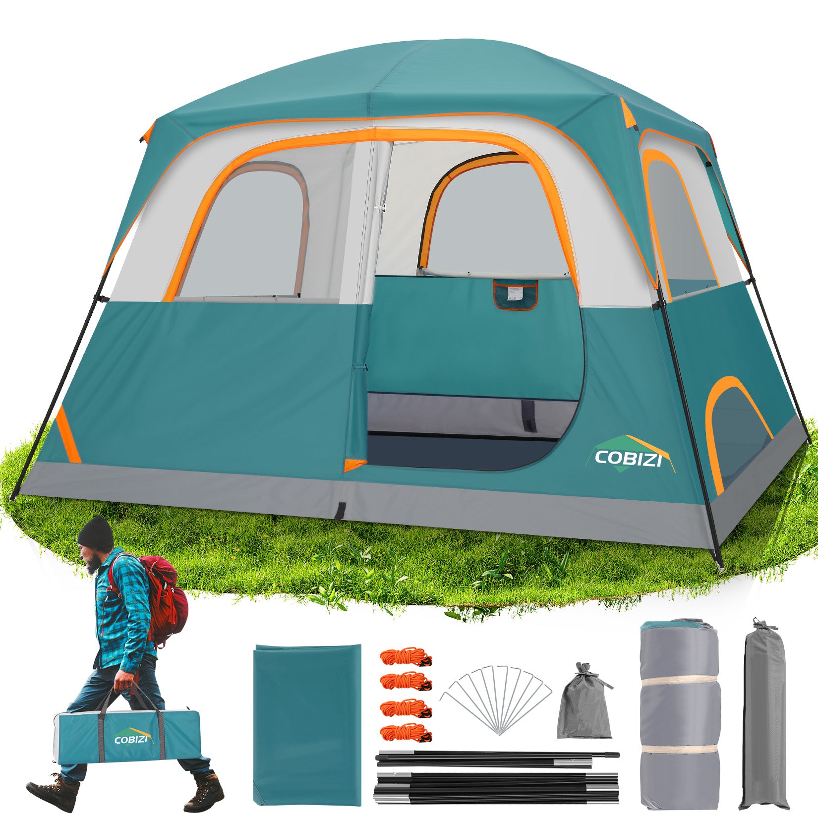 COBIZI 6 Person Easy Setup Camping Tent with Rainfly & Screen Windows SPC175