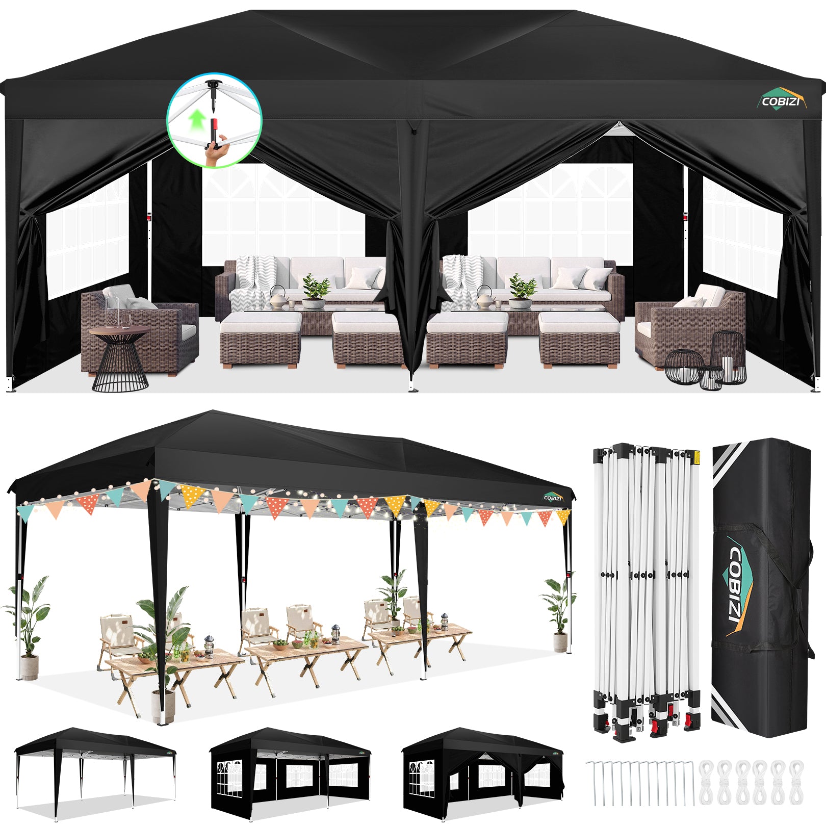 Cobizi Large 10'x20' Pop Up Canopy One-Push Setup with 6 Sidewalls SPC203