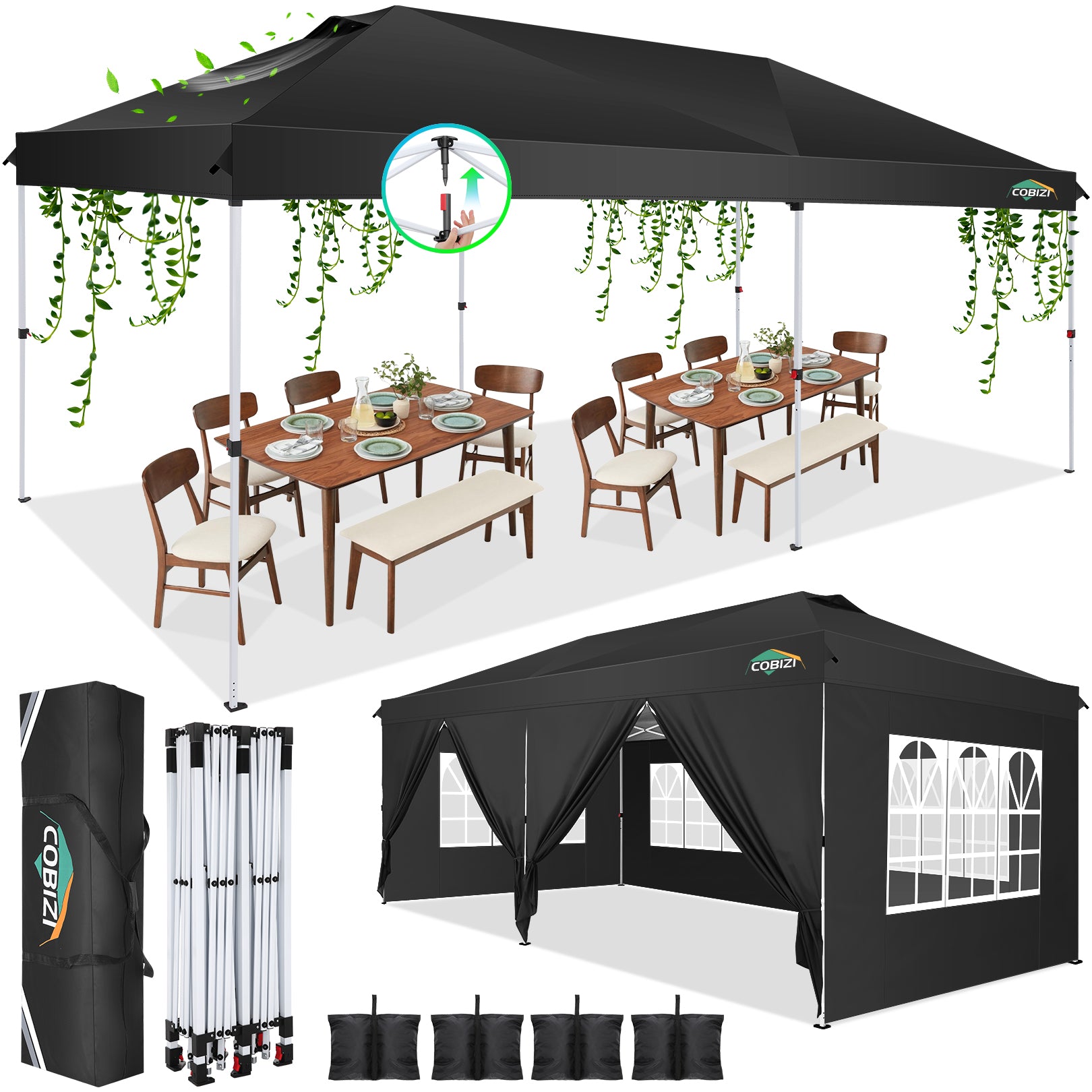 COBIZI 10'x20' Pop-Up Canopy With Side Walls & Reinforced Poles SPC241