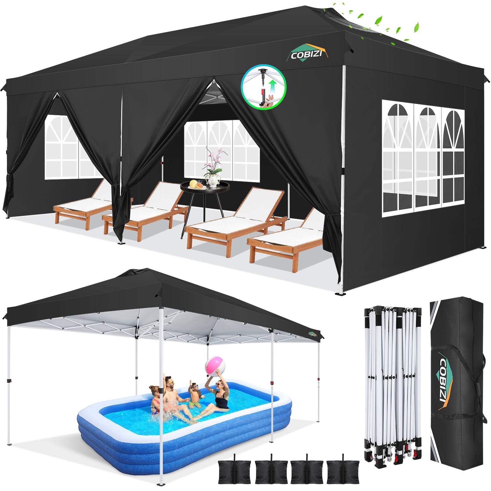COBIZI 10'x20' Pop-Up Canopy With Side Walls & Reinforced Poles SPC241