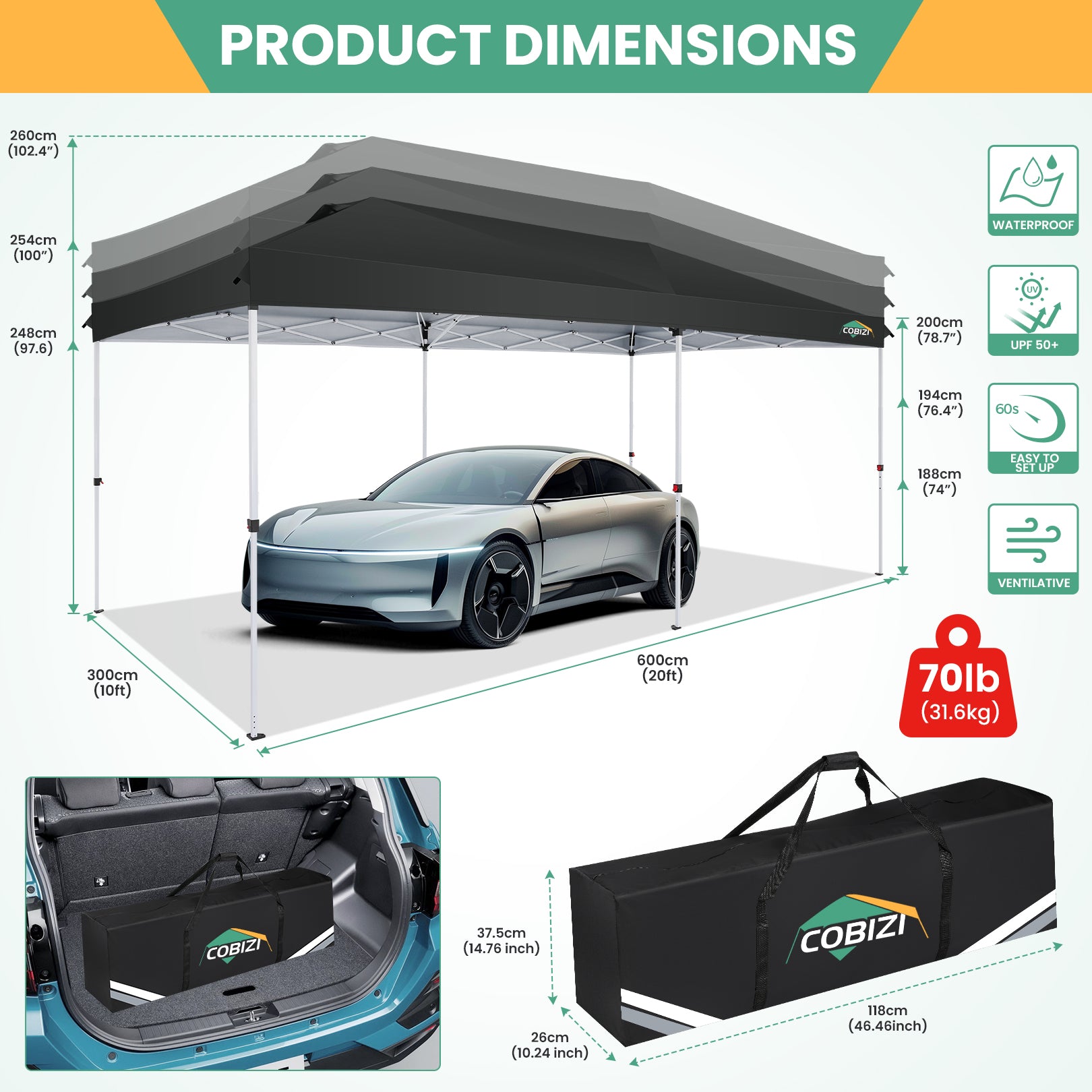 COBIZI 10'x20' Pop-Up Canopy With Side Walls & Reinforced Poles SPC241