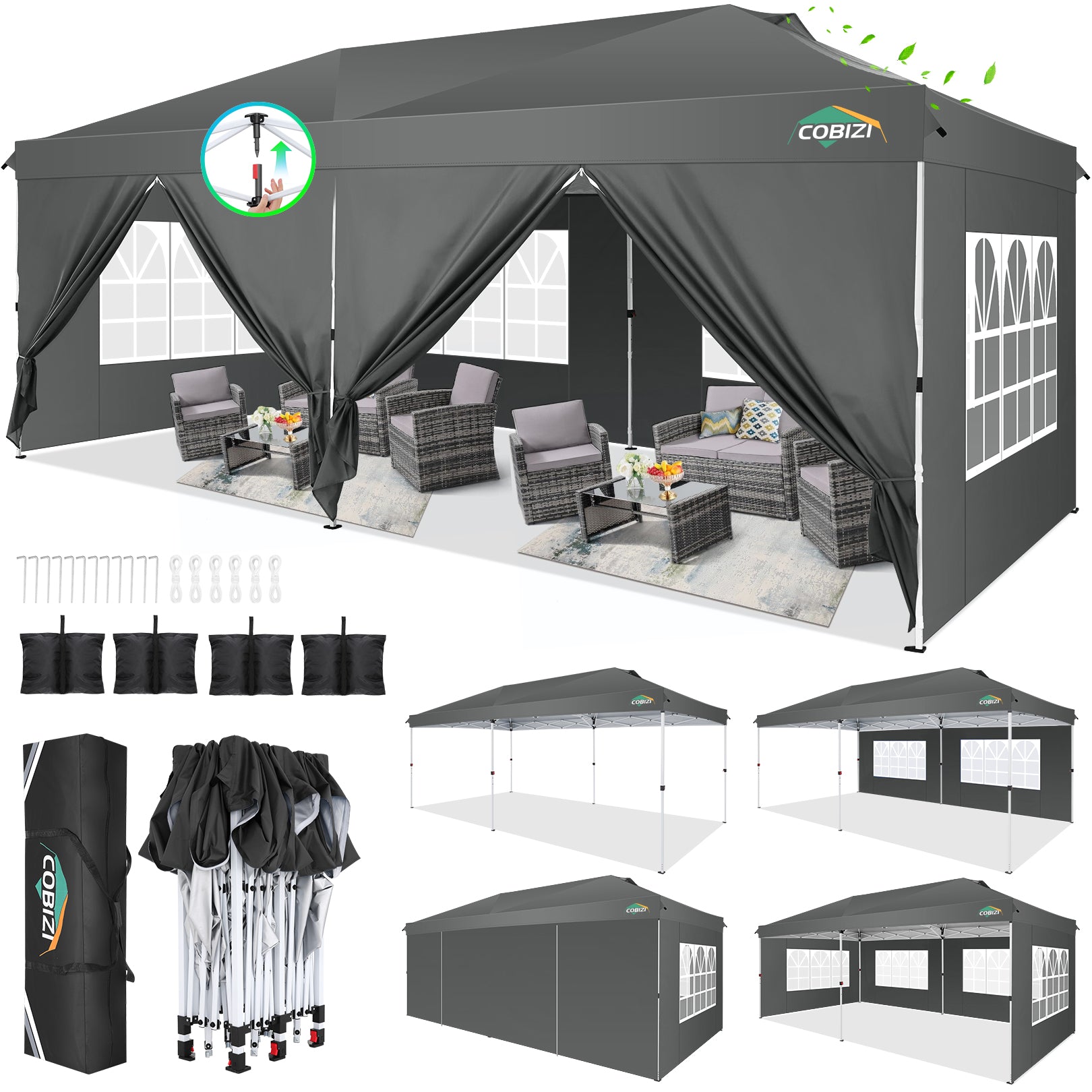 COBIZI 10'x20' Pop-Up Canopy With Side Walls & Reinforced Poles SPC241