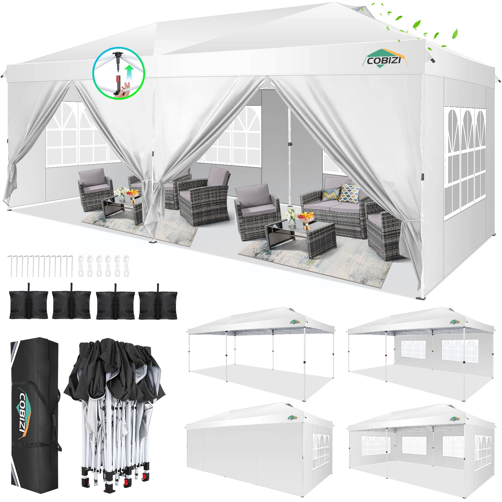 COBIZI 10'x20' Pop-Up Canopy With Side Walls & Reinforced Poles SPC241