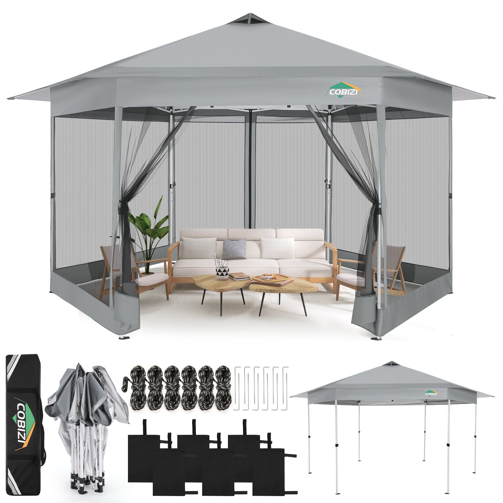 COBIZI 13'x13' Portable Pop Up Canopy Gazebo With 6 Mosquito Netting Sidewalls , SPC266