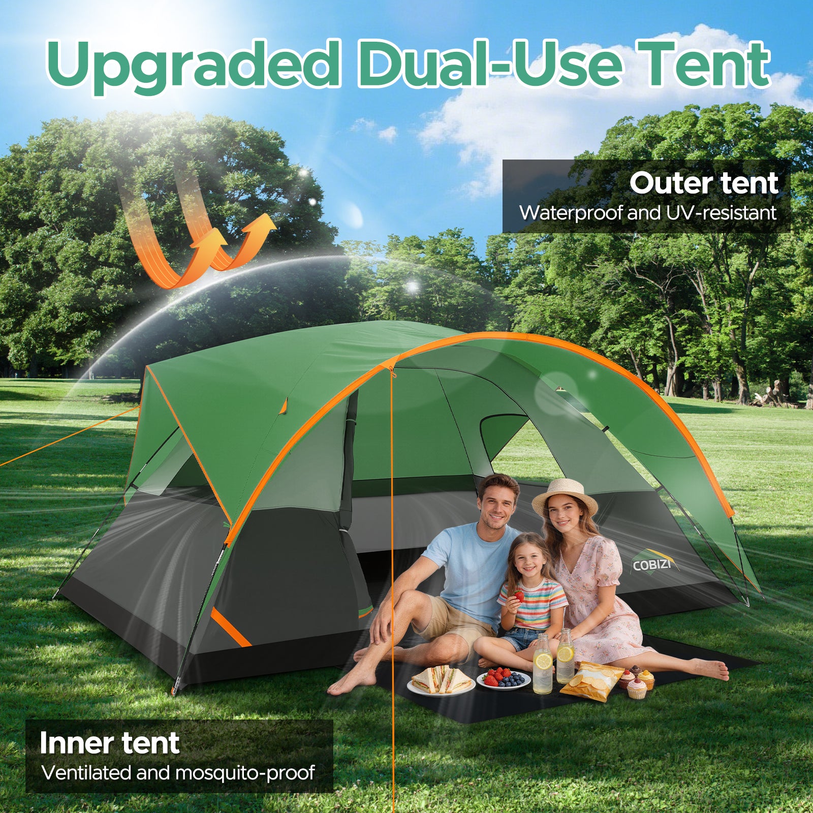 COBIZI 8-10 Person Camping Tent, Waterproof Family Tent with Removable Rainfly, Large Spacious Outdoor Tent with Mesh Ventilation, Easy Setup Portable Tent SPC000268