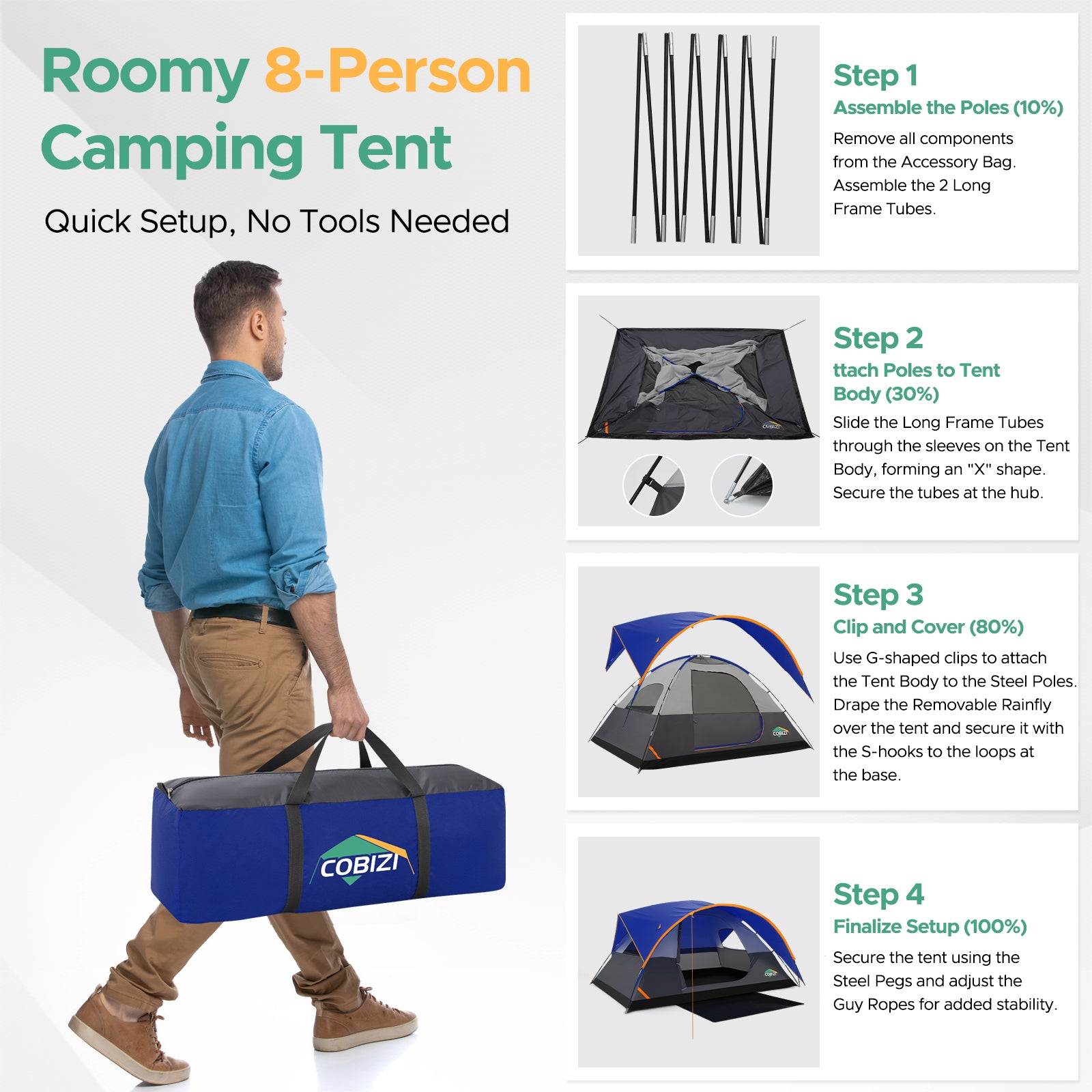 COBIZI 8-10 Person Camping Tent With Removable Rainfly & Mesh Ventilation, Easy Setup & Portable SPC268