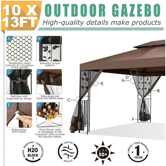 COBIZI 10' x 13' Pop Up Gazebo, Screened Patio Gazebo, Outdoor Steel Double Roof Canopy Tent, Metal Frame Canopy with Mosquito Netting, Sunshade for Garden, Lawns, Brown