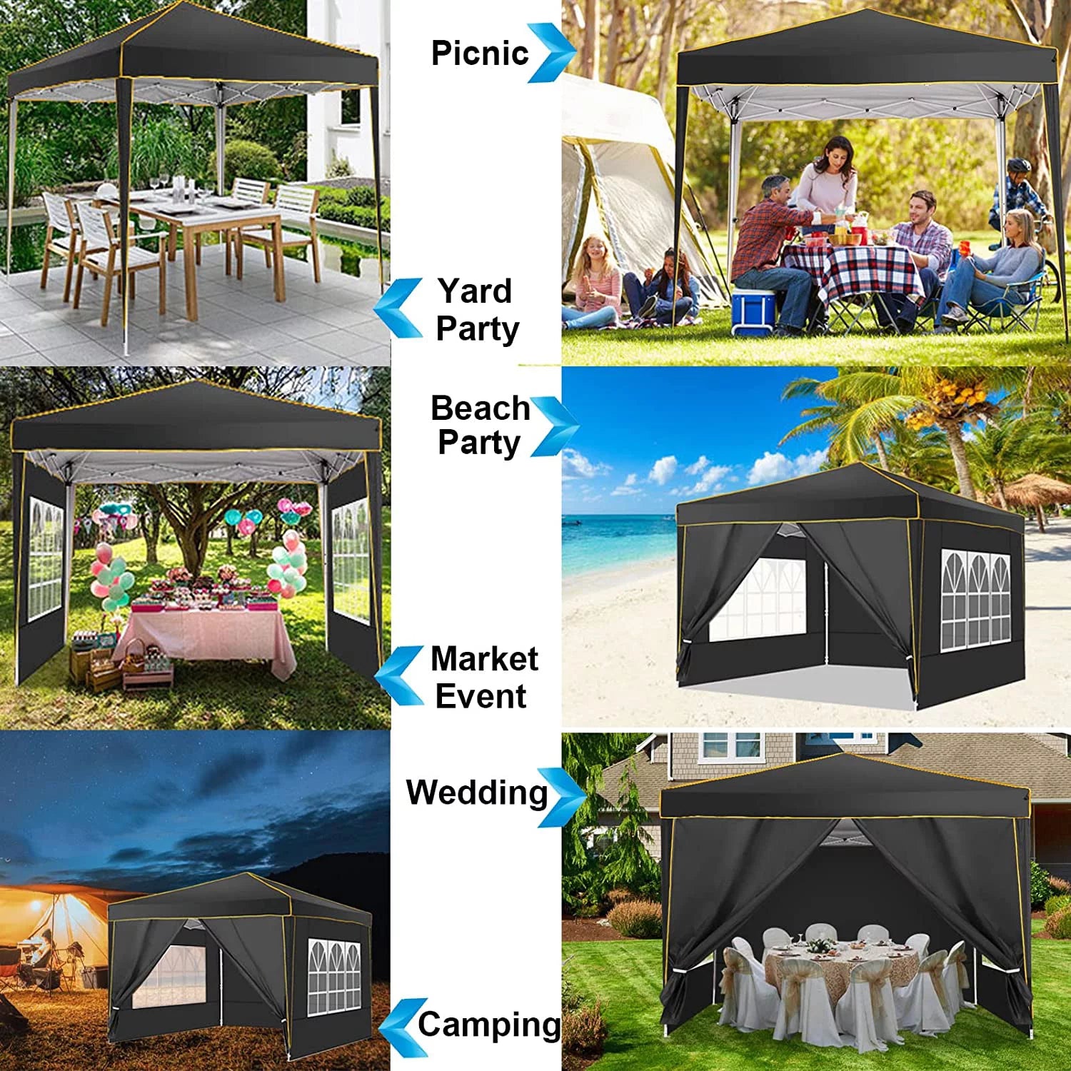 COBIZI 10'x10' Pop up Canopy Tent Commercial Instant Canopy with 4 Sidewalls & Carry Bag 4 Stakes & Ropes & Sandbags Portable Tent for Parties Beach Camping Party Event Shelter Sun Shade