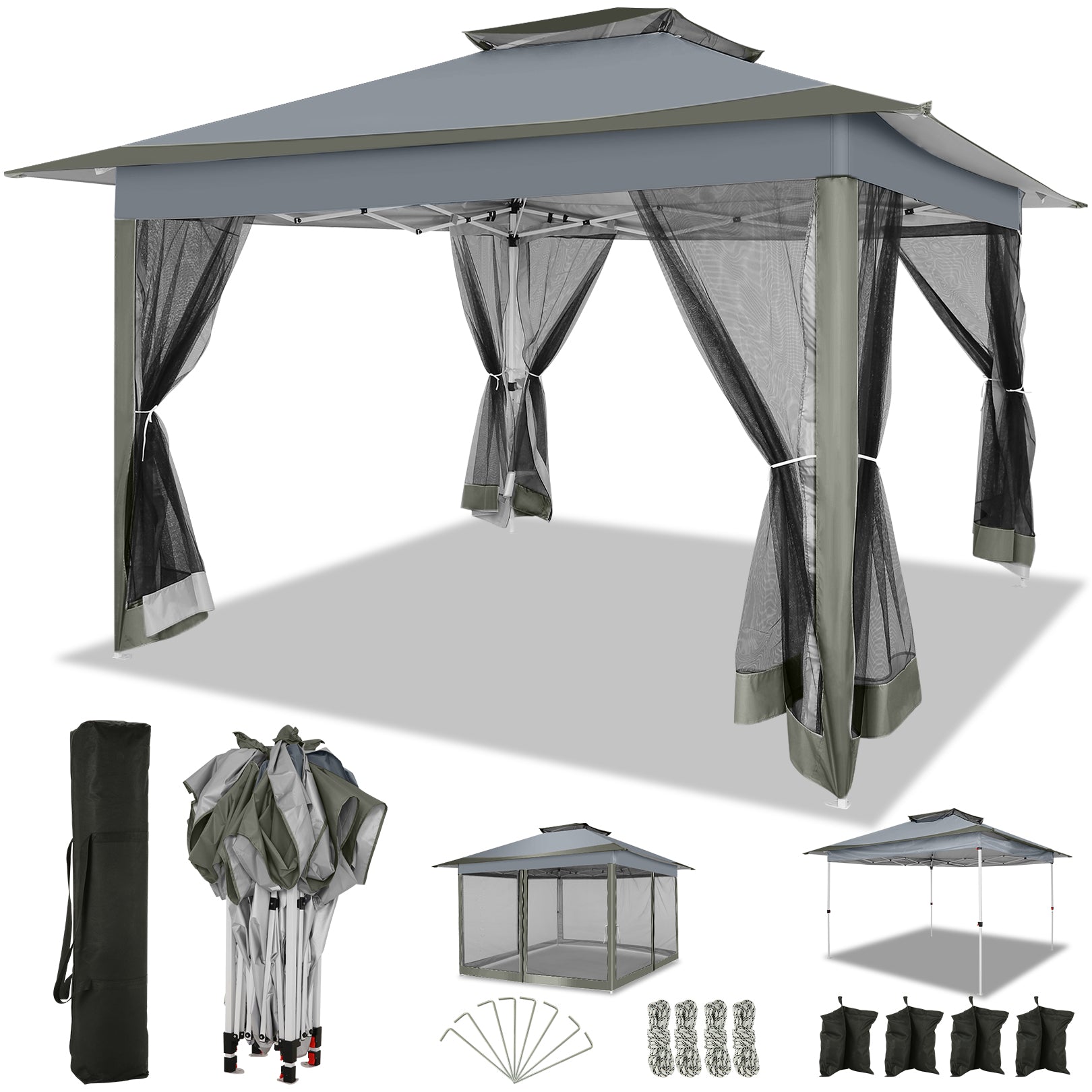 HOTEEL 12'x12' Pop Up Gazebo Patio Outdoor Canopy Tent with 8 Mosquito Nettings, Adjustable Height and 144 Square ft of Shade for Garden, Party, Backyard with Vented Top, Gray