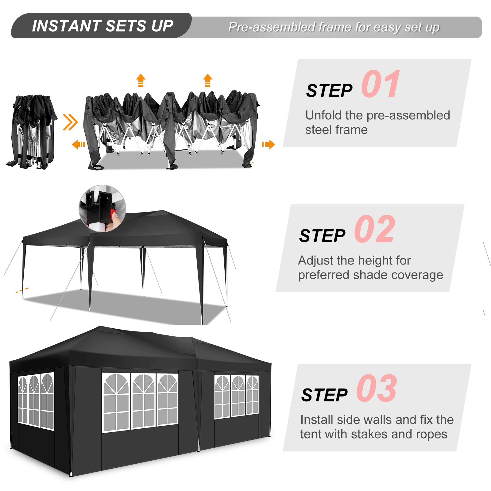 Hoteel 10x20ft Pop up Canopy, Fully Waterproof Canopy Tent with Sidewalls for Outdoor Sports, Black