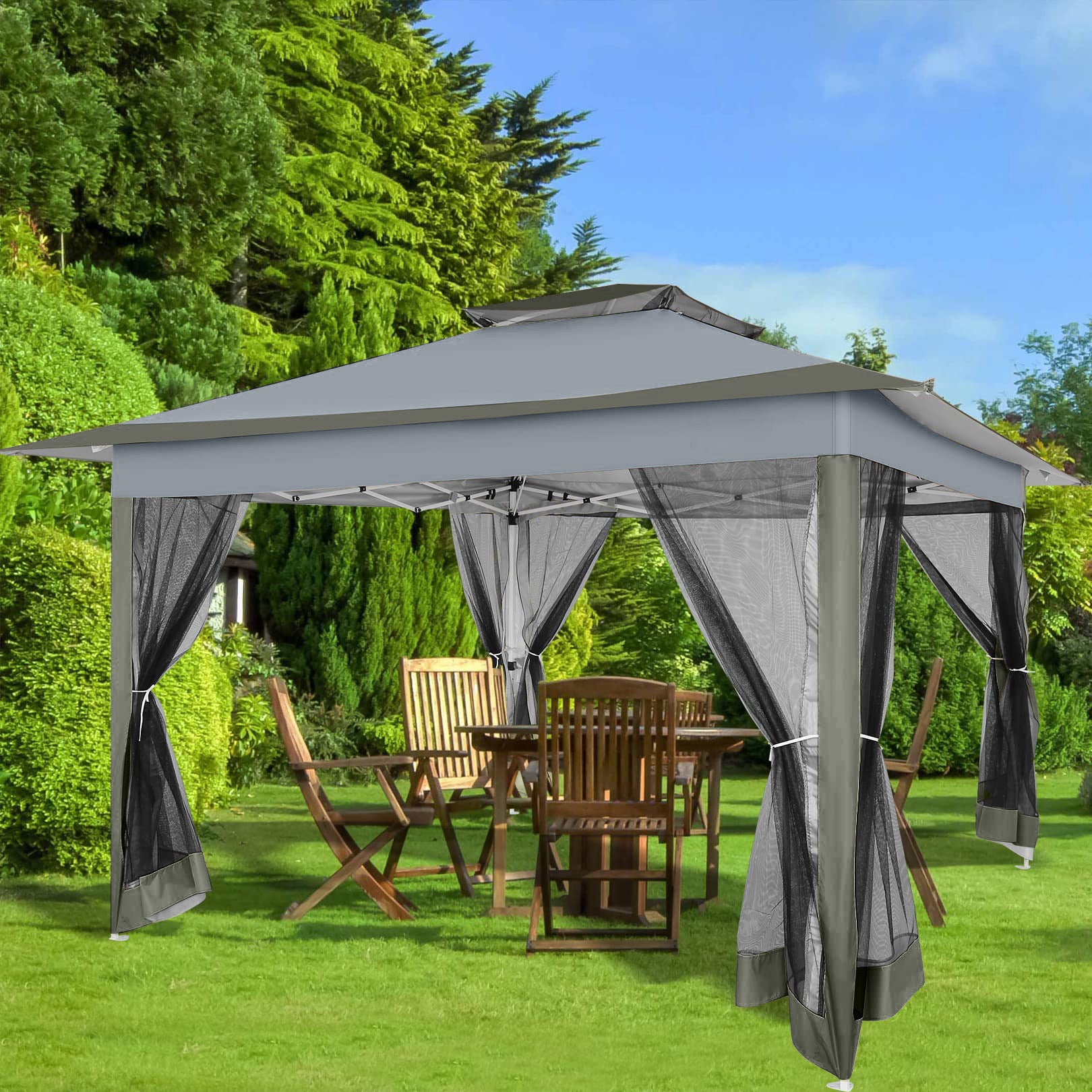 HOTEEL 12x12 Outdoor Pop-up Gazebo Canopy with Mosquito Netting 2-Tiered Vented Top 3 Adjustable Height for Backyard, Garden, Lawn,Light Grey