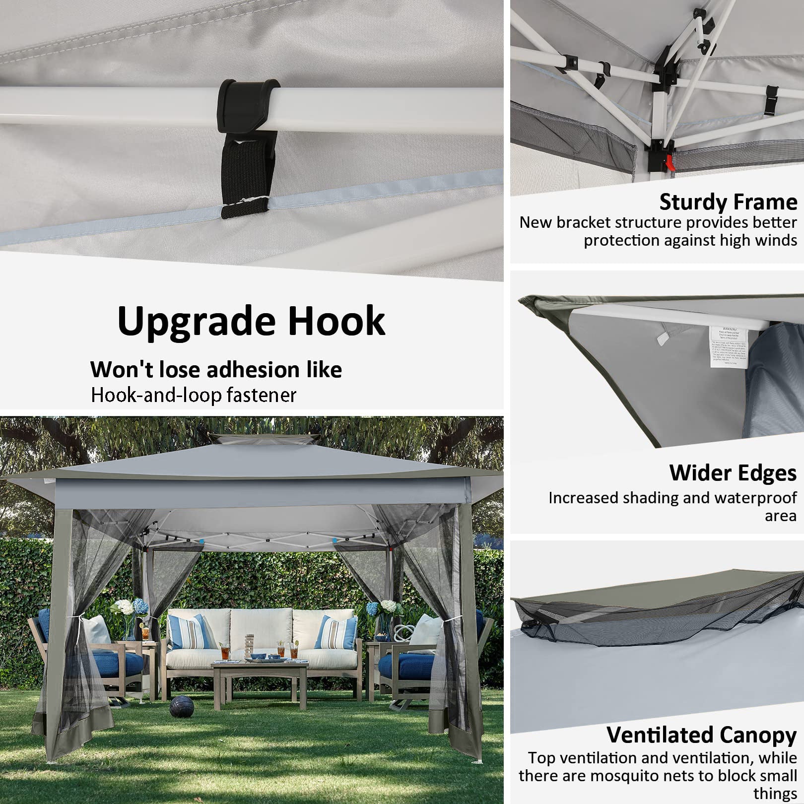 HOTEEL 12x12 Outdoor Pop-up Gazebo Canopy with Mosquito Netting 2-Tiered Vented Top 3 Adjustable Height for Backyard, Garden, Lawn,Light Grey