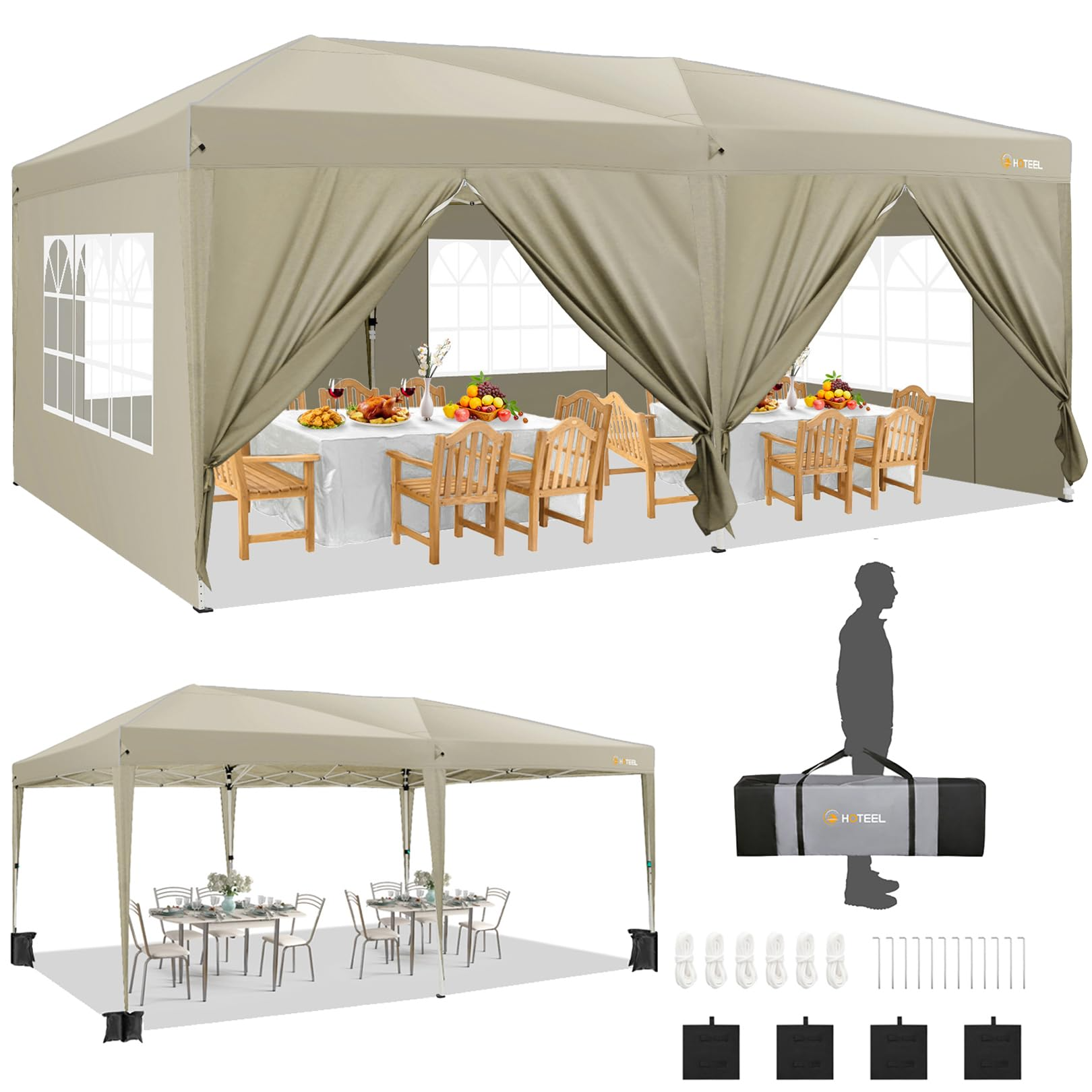HOTEEL 10x20 Pop Up Canopy with Sidewalls, Easy Up Canopy Tent with Carry Bag, Outdoor Canopies with 4 Sandbags, Large Tents for Outdoor Events, Wedding, Backyard, Commercial, Black