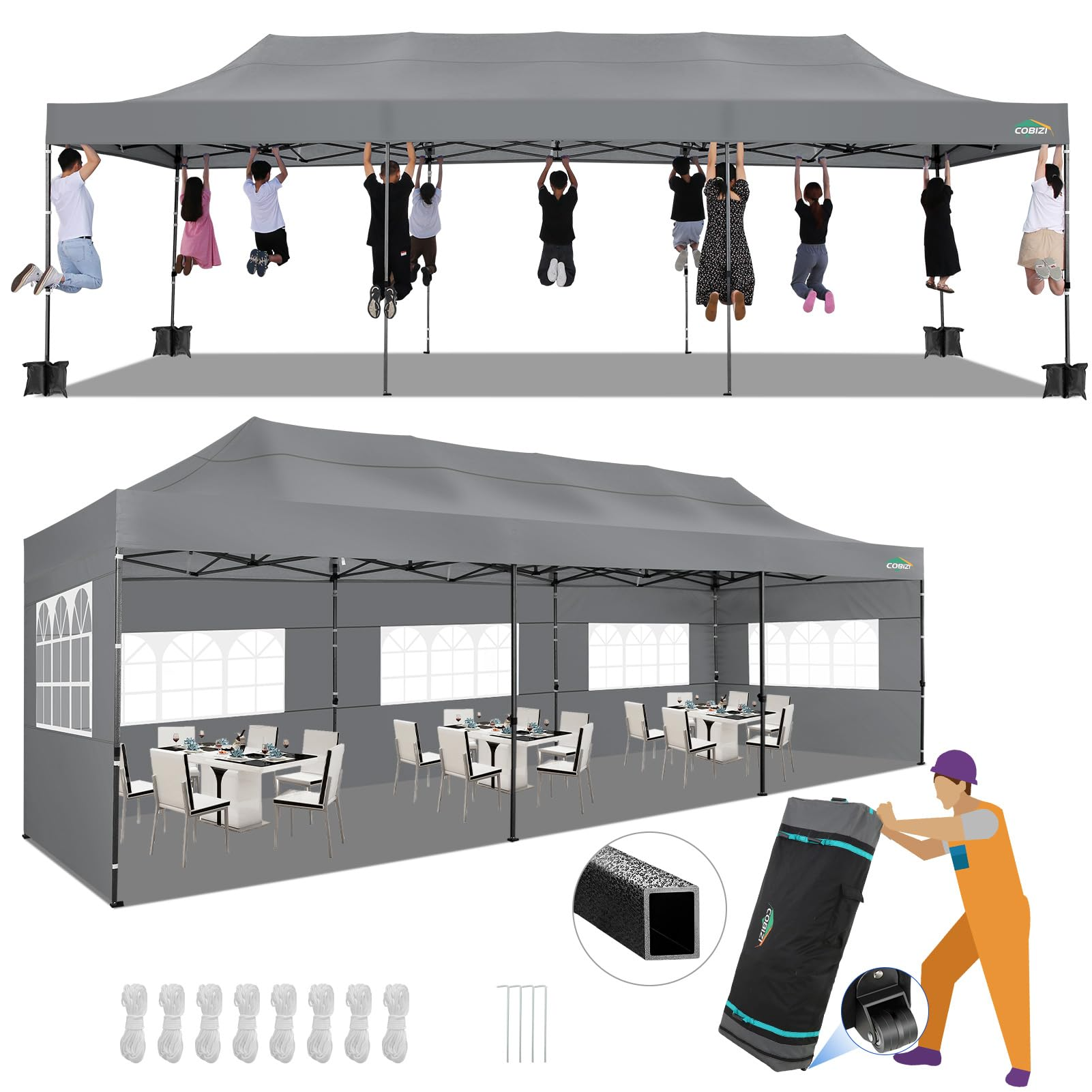 HOTEEL 10x30 Heavy Duty Canopy with 8 sidewalls, Outdoor Tents for Parties,Wedding,Commercial ,Pop Up Tent with Roller Bag,Black