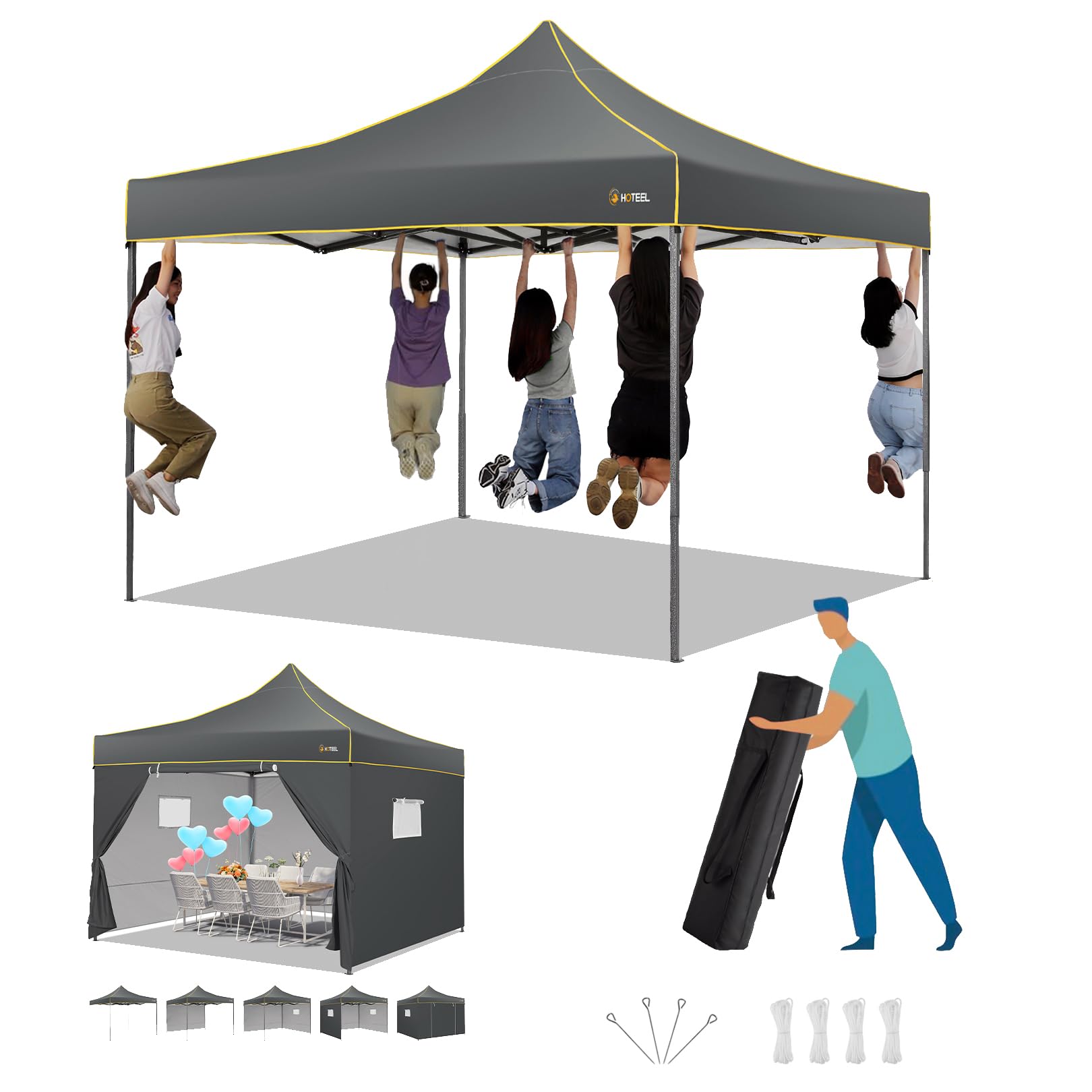 HOTEEL Canopy Tent, 10x10 Pop Up Canopy, Outdoor Tent with Mesh Window, Instant Tents for Party, Camping, Commercial, Waterproof Gazebo with 4 Removable Sidewalls, Carry Bag, Gray