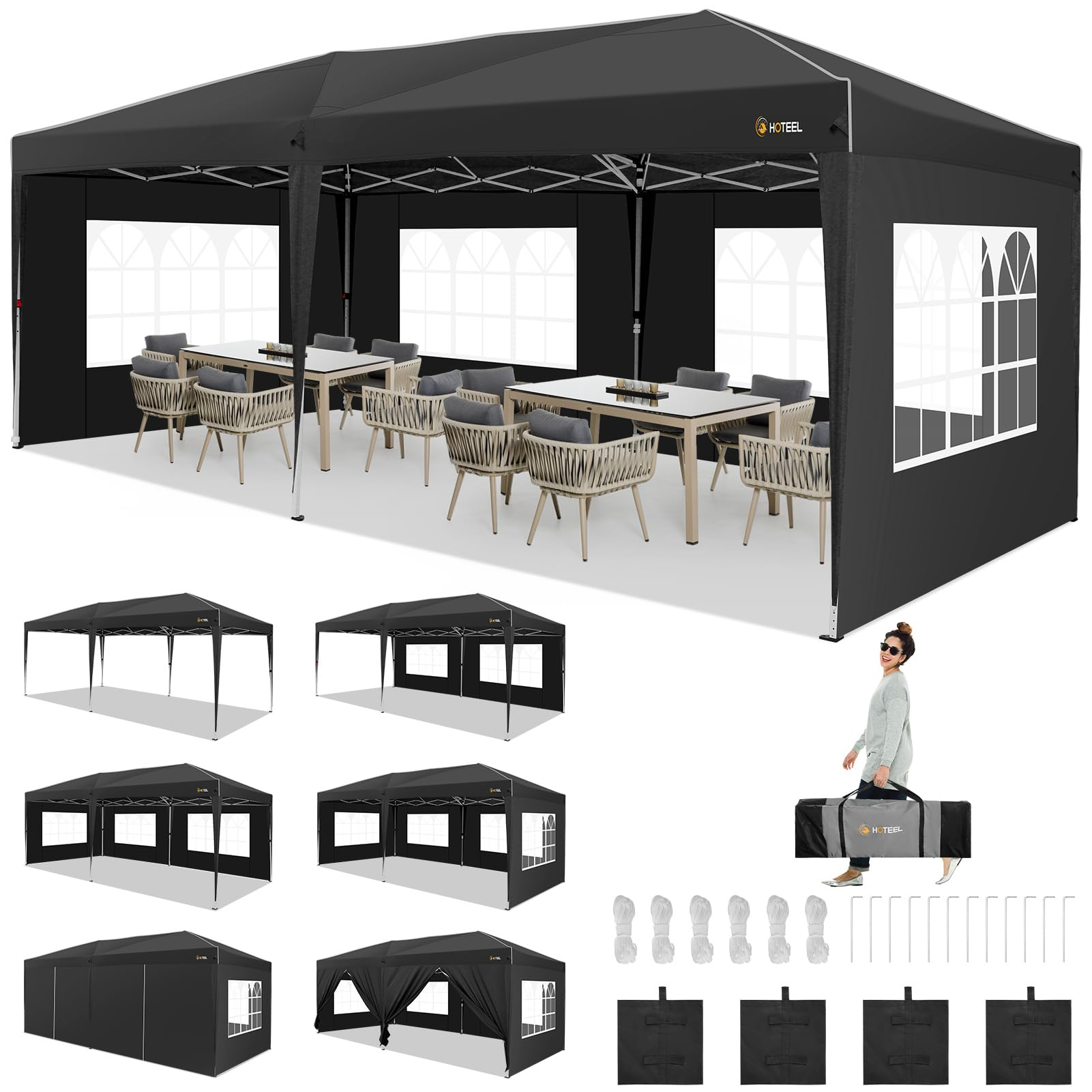 HOTEEL Pop Up Canopy Party Tent for Backyard,10x20 Canopy with 6 Removable Sidewalls & 4 Sandbags,Waterproof Easy Up Canopy Outdoor Tents for Parties,Weddings,Vendor Event,Patio,Blue(Top Reinforced)