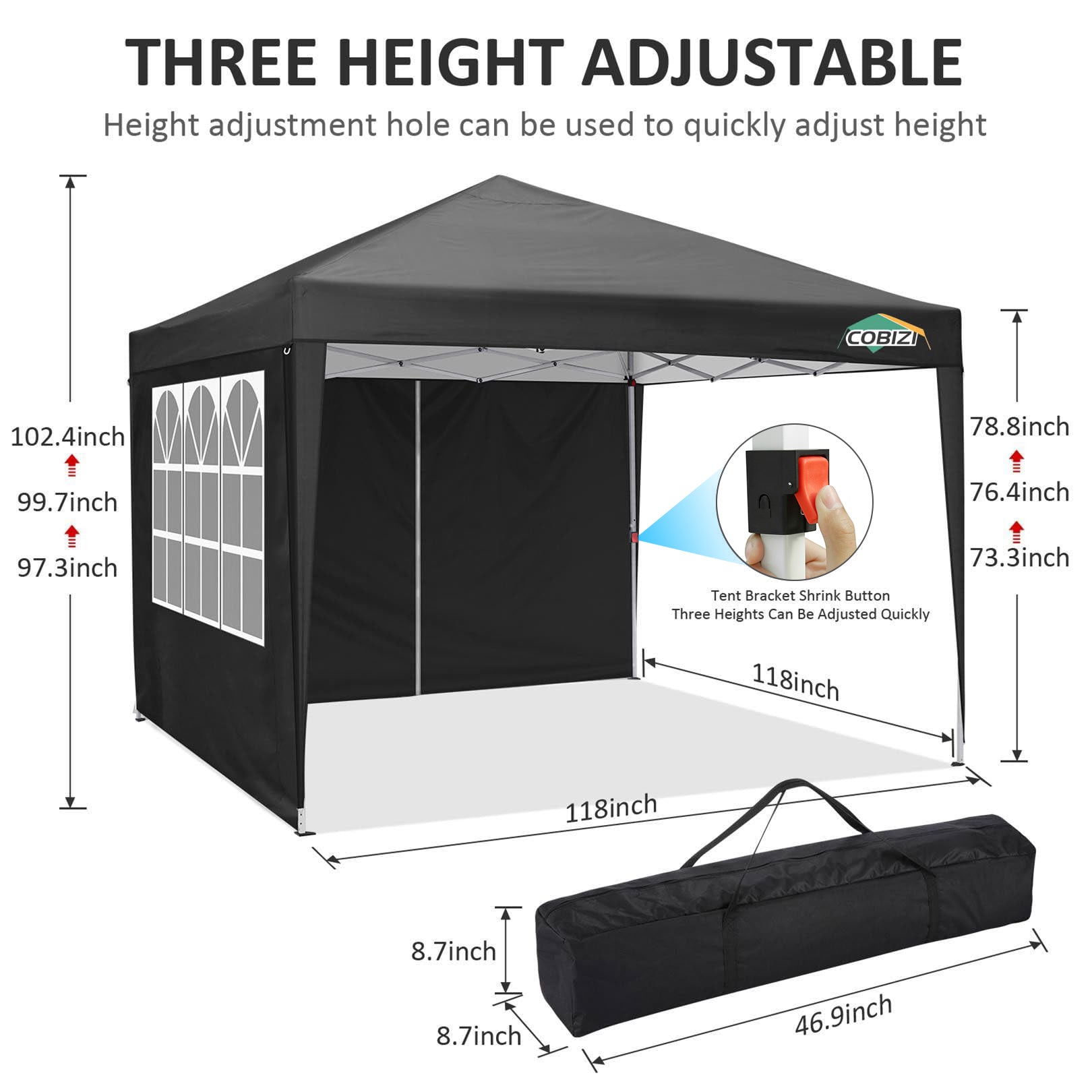 COBIZI 10'x10' Pop up & Protable Canopy Tent with 6 Sidewall & Carry Bag, Black SPC202