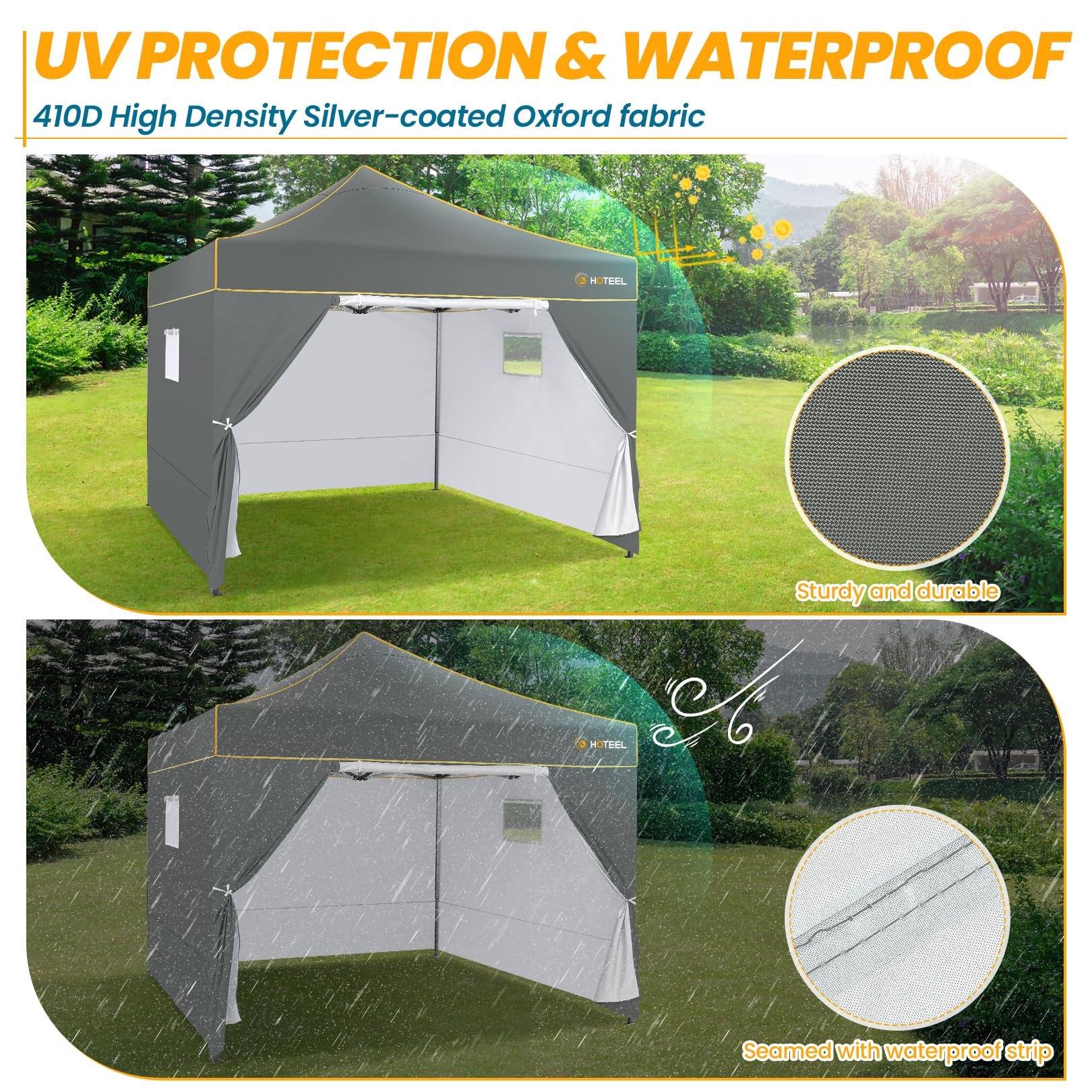 HOTEEL Canopy Tent, 10x10 Pop Up Canopy, Outdoor Tent with Mesh Window, Instant Tents for Party, Camping, Commercial, Waterproof Gazebo with 4 Removable Sidewalls, Carry Bag, Gray