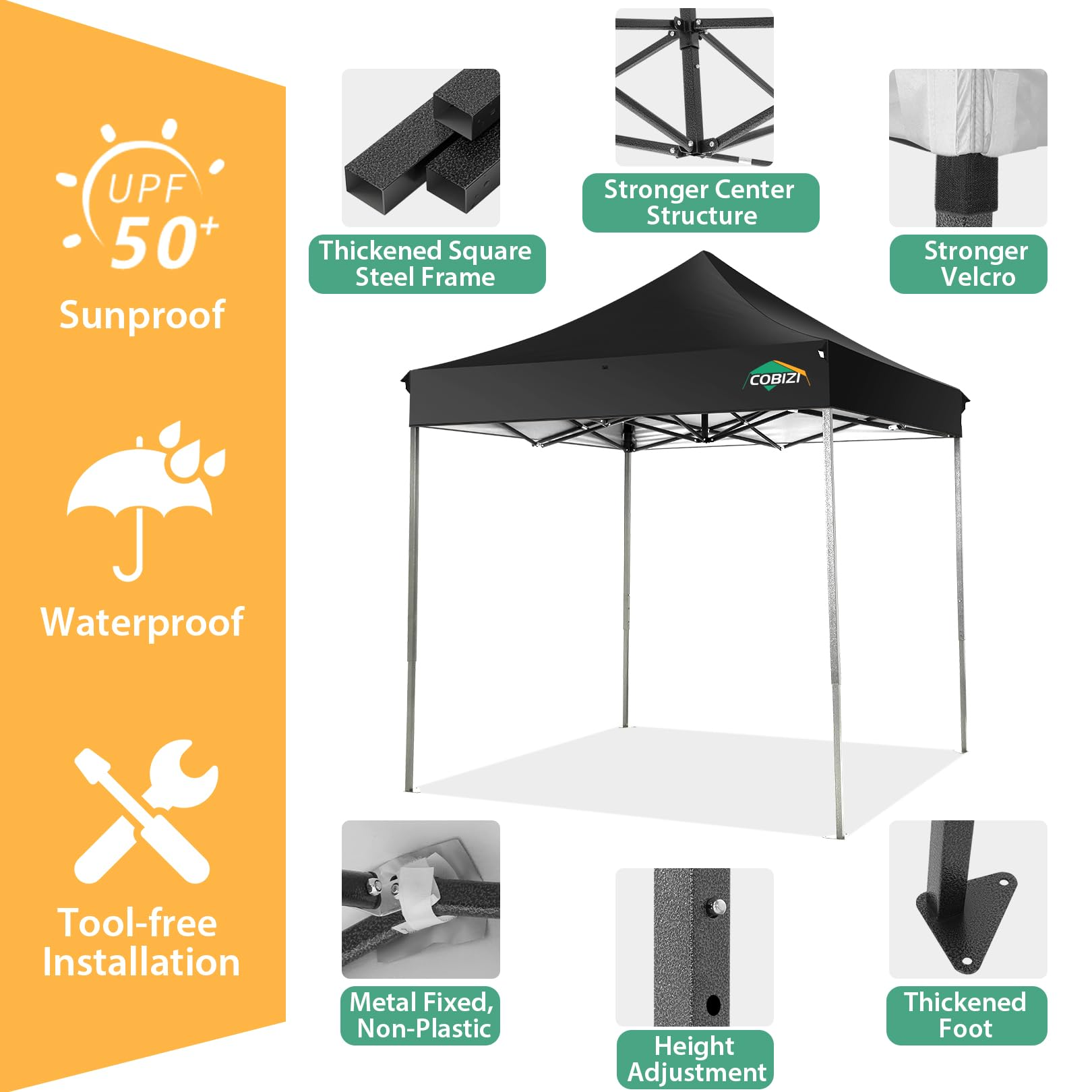 COBIZI 6.5x6.5 FT Pop up Canopy, Waterproof Commercial Canopy Tent,Outdoor Garden Gazebo, with Carry Bag